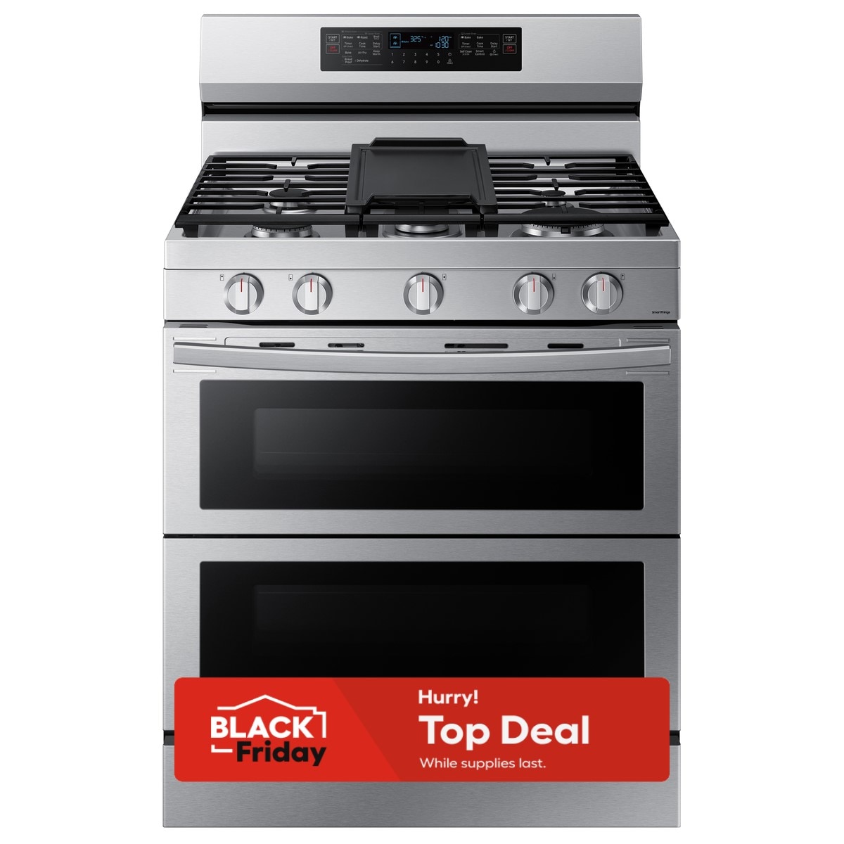 Samsung 30-in 5 Burners 3.4-cu ft / 2.5-cu ft Self-cleaning Air Fry Convection Freestanding Smart Double Oven Gas Range (Fingerprint Resistant Stainless Steel)