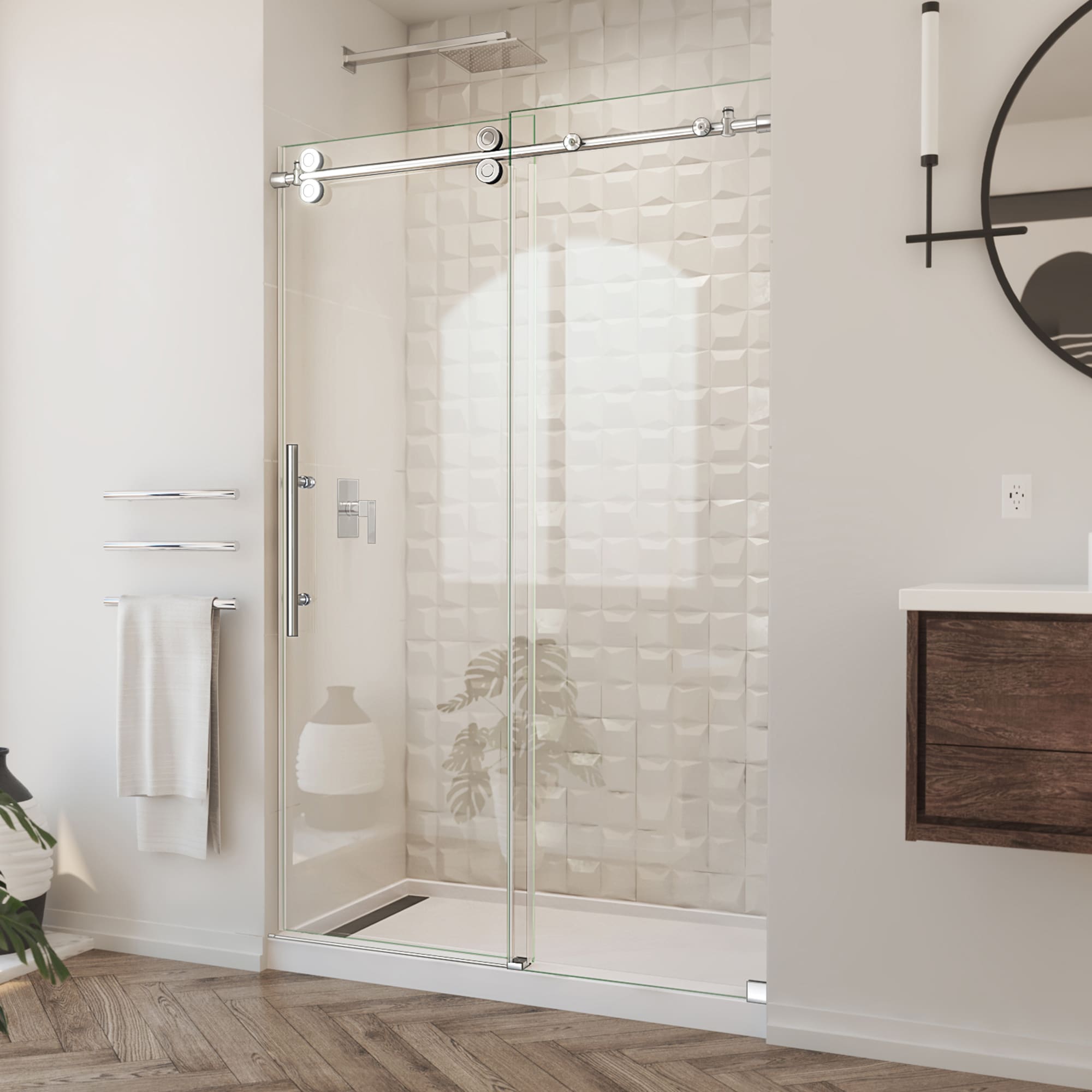DreamLine SHDR-61487620-08 Enigma-XO Polished Stainless Steel 44-in to 48-in W x 76.0-in H Frameless Sliding Shower door 3/8-in Thick Clear Glass