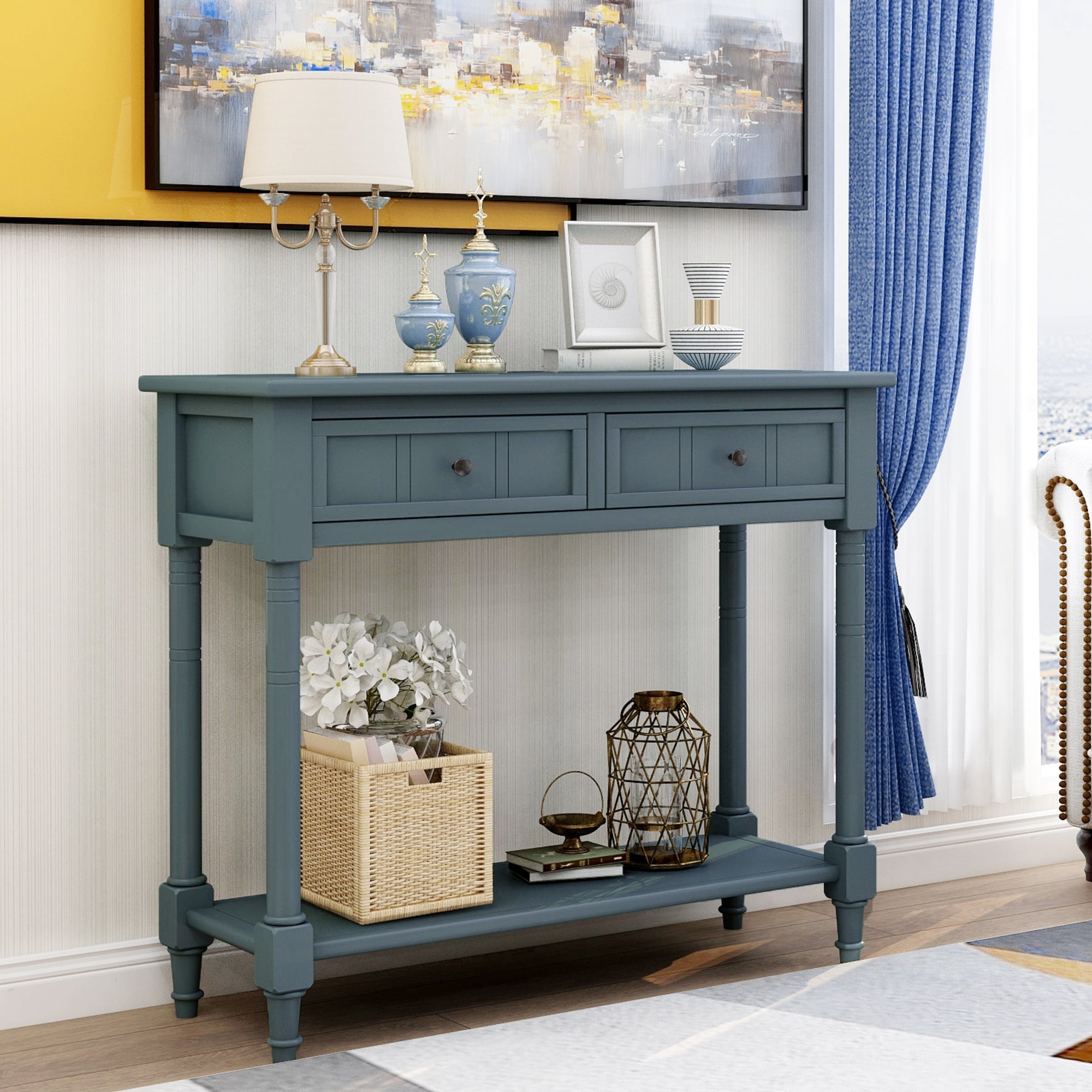 ModernLuxe WF191267AAM Daisy Series Console Table Traditional Design with Two Drawers and Bottom Shelf Navy