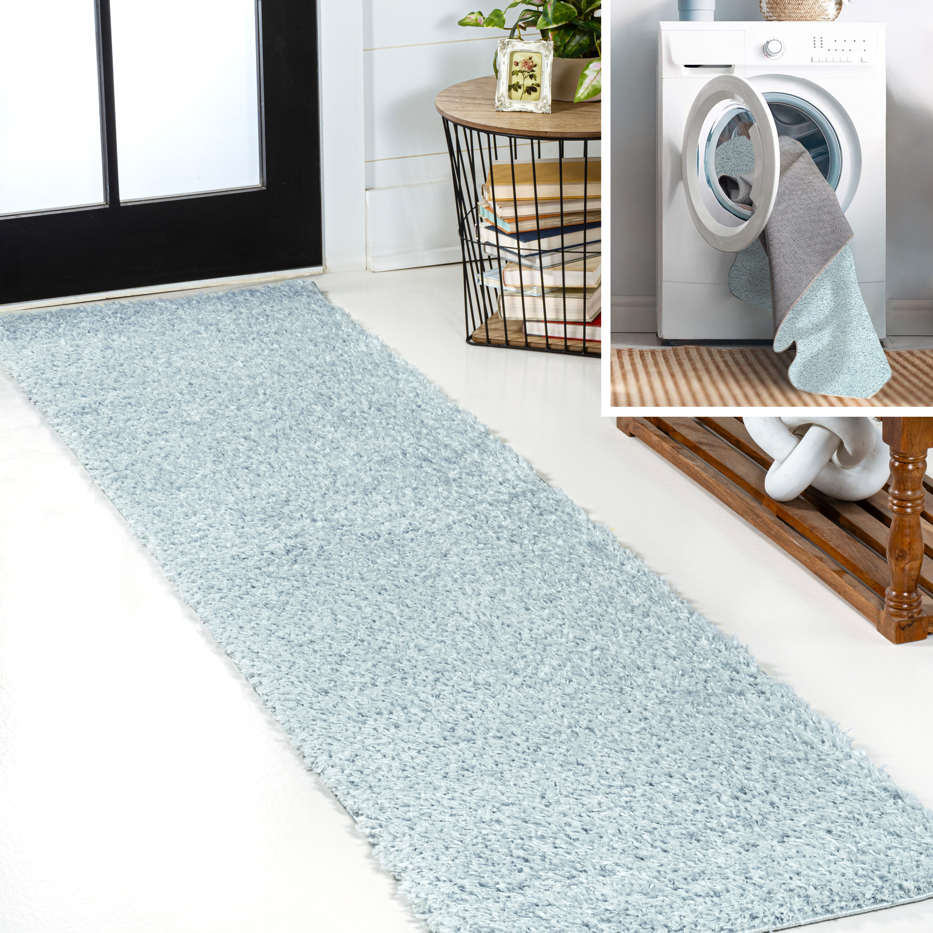 JONATHAN  Y WSH400E-28 WASHABLE Clayton Coastal Solid Glam Shag 2 x 8 (ft) Loomed Polyester Light Blue Rectangular Indoor Solid Coastal Machine washable Runner rug