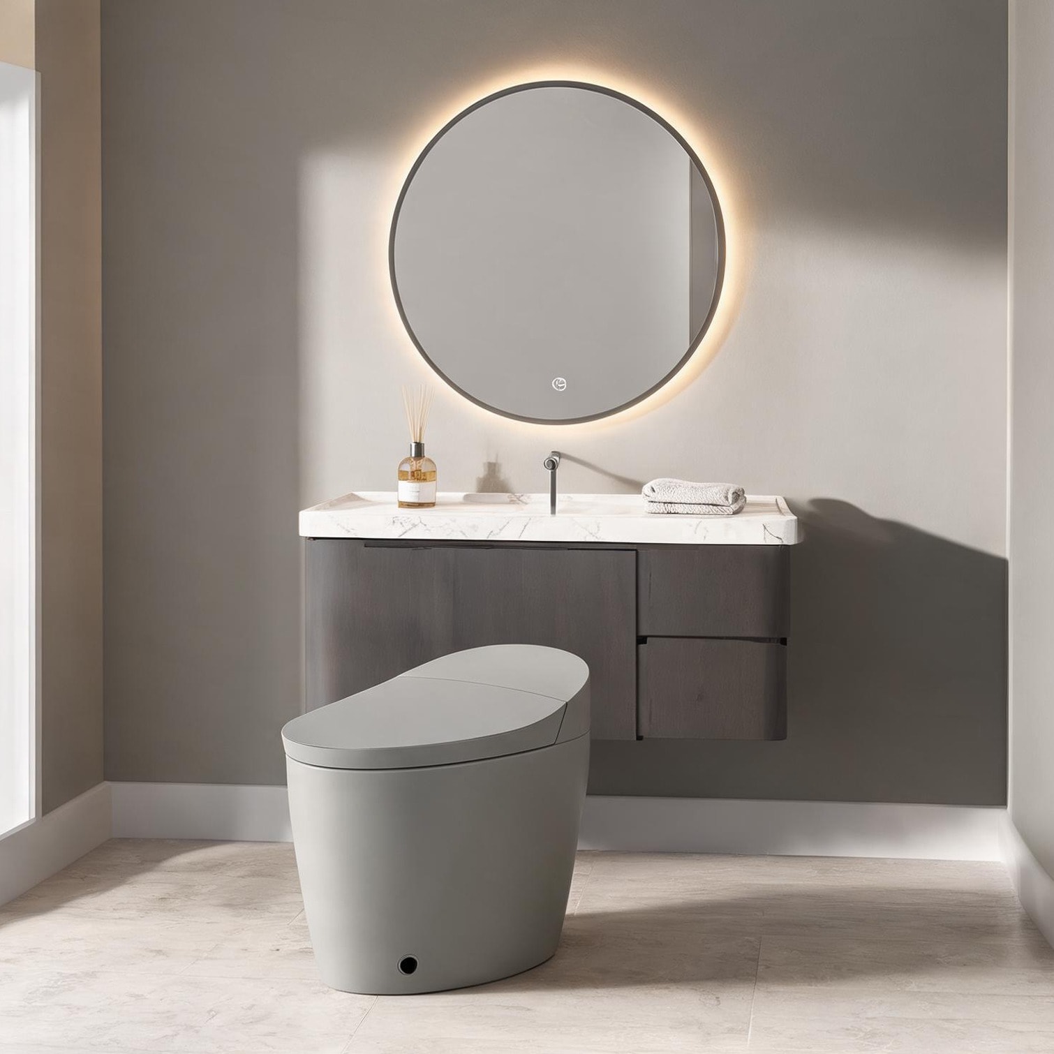 SUNCREAT - Elongated One-Piece Smart Bidet Toilet with Automatic Flush and Heated Seat in Gray-To...