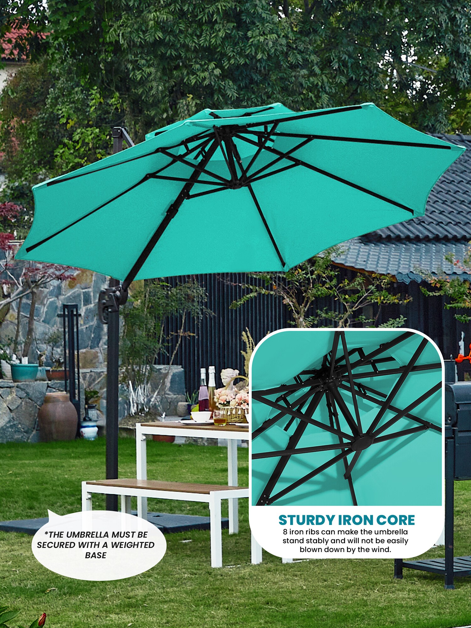 JEAREY 12 Ft Turquoise Round Offset Patio Umbrella With 360 Degree ...