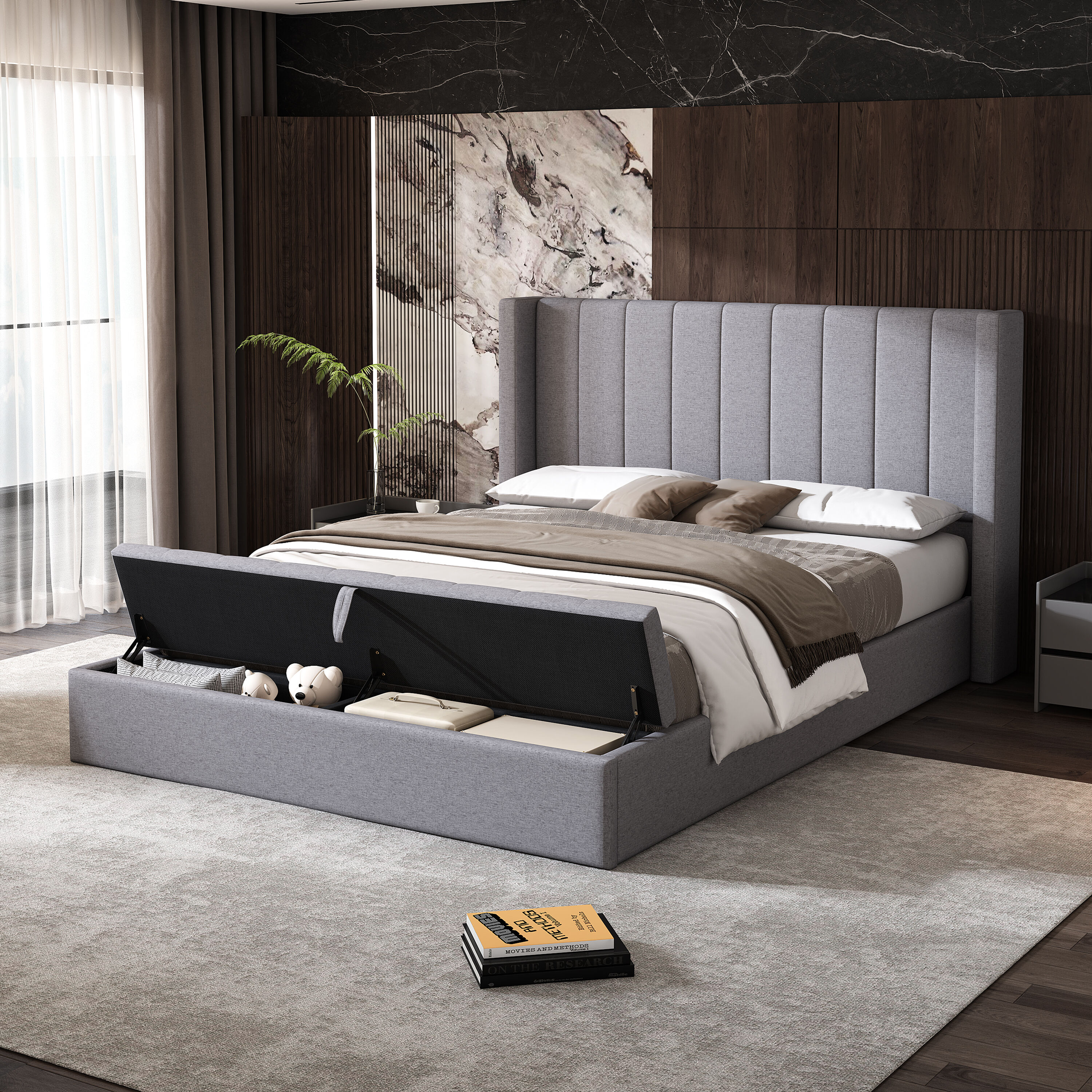 ModernLuxe L3P-N757Q210306G Queen Size Platform Bed with Headboard Upholstered Platform Bed with Storage Grey