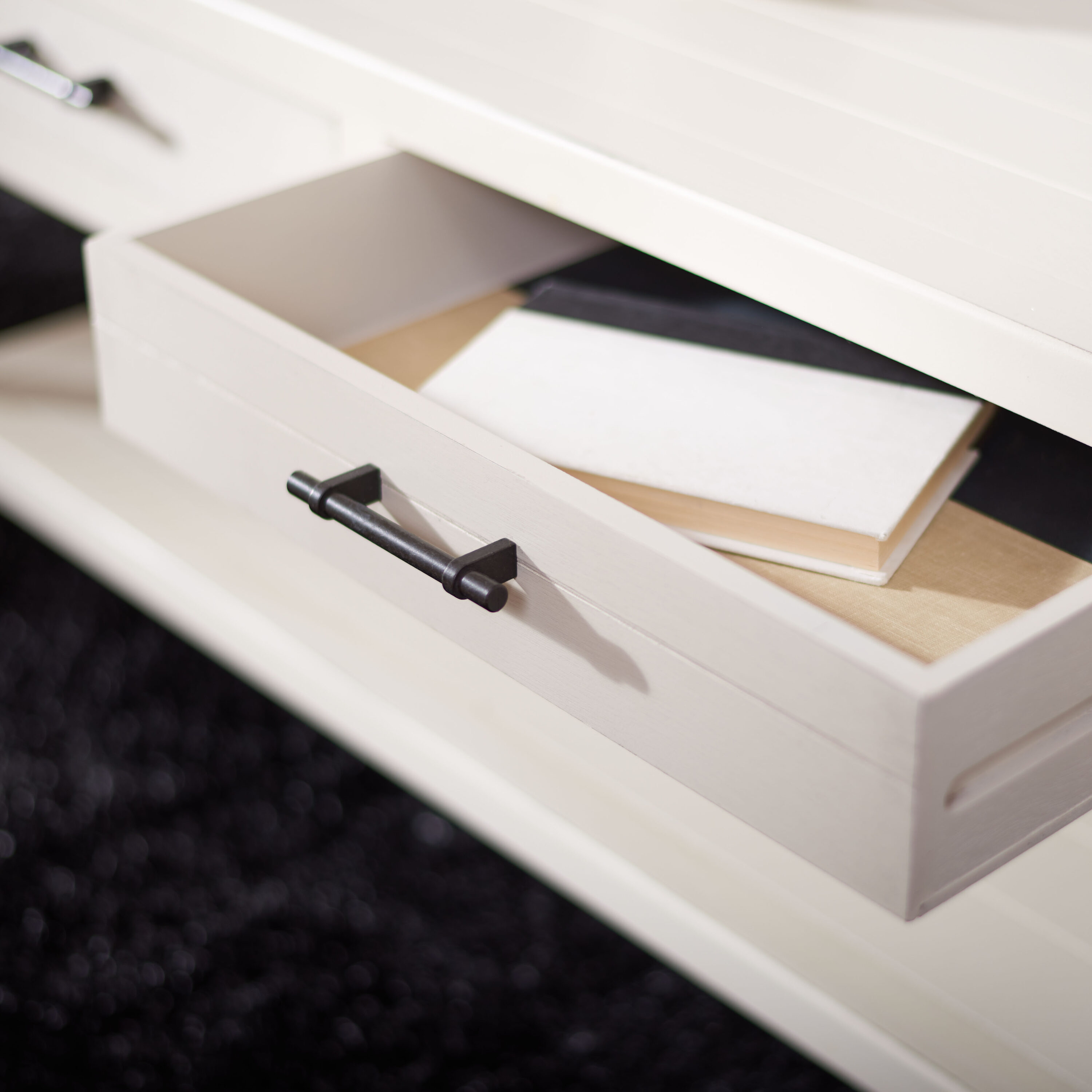 Distressed White Rectangular Wood Coffee Table with Storage