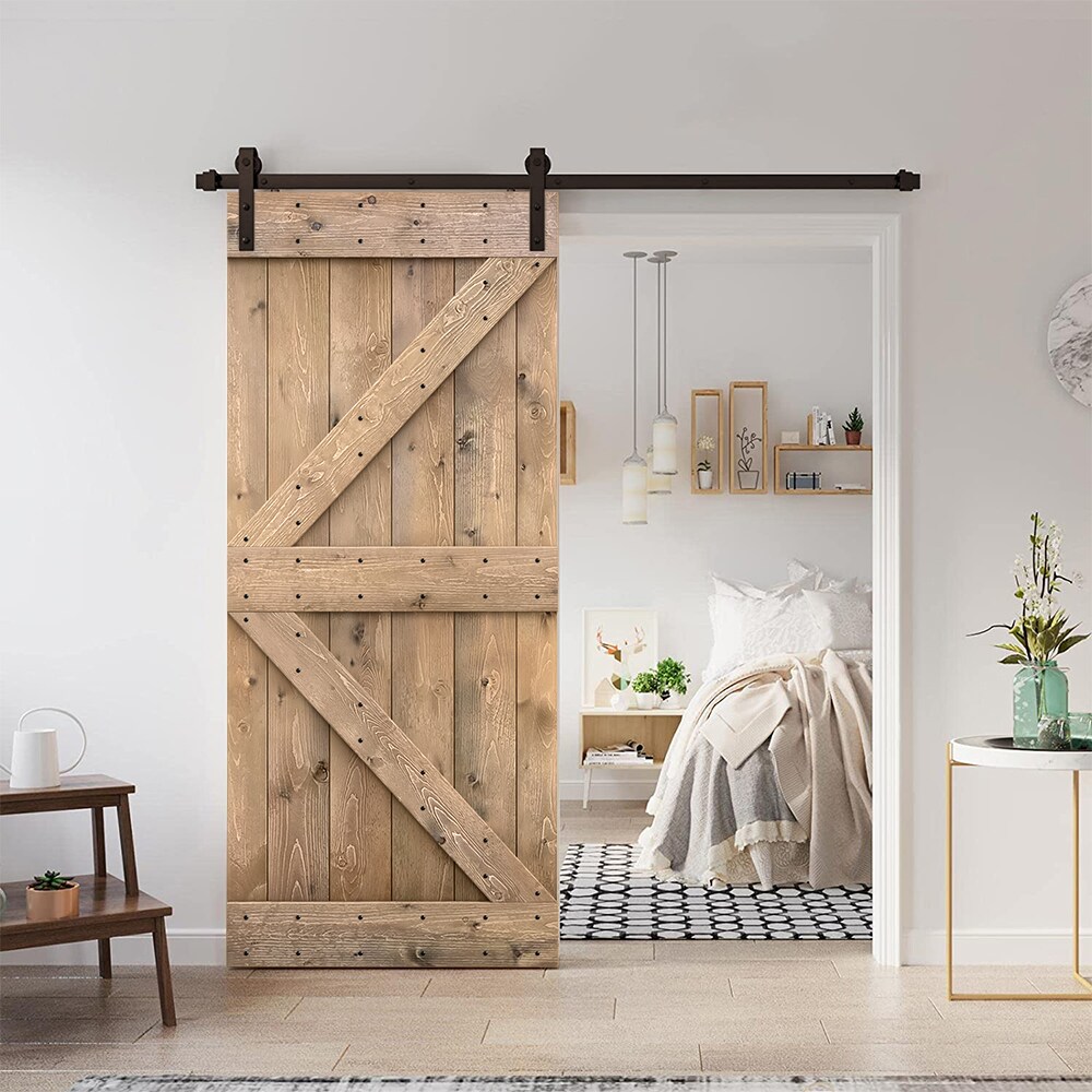 CALHOME 22-in x 84-in Light Brown Knotty Pine Wood Single Barn Door ...