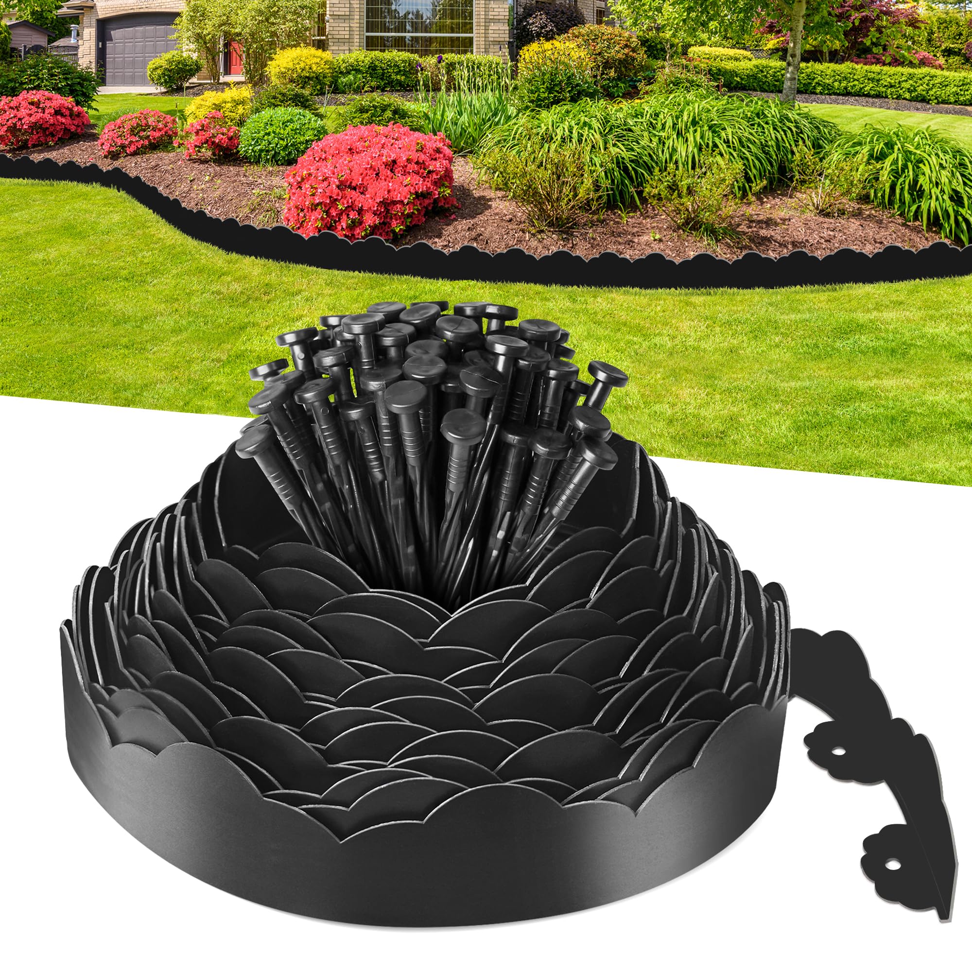 Justincity  Landscape Edging Border 33FT Roll 4 Inch Tall Flexible Plastic No Dig Lawn Edging with 50pcs Spikes for Garden Pathway Flower Beds