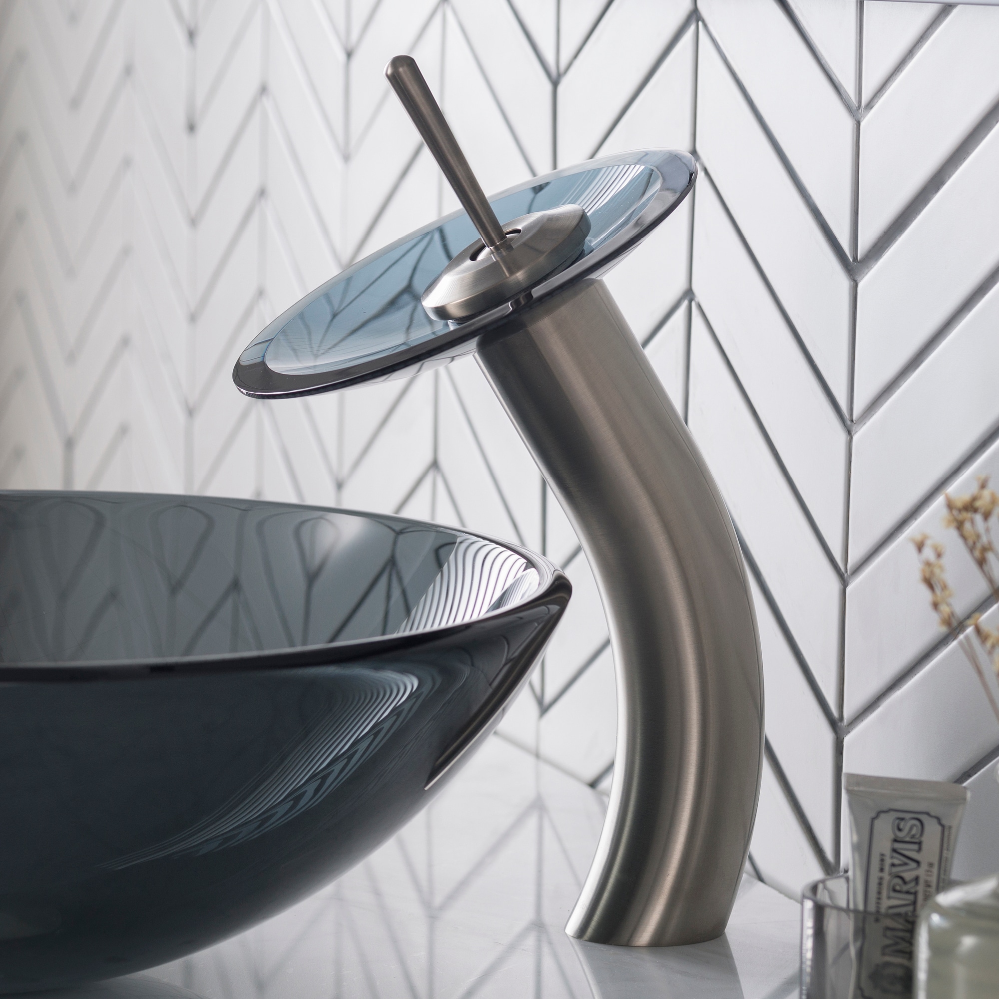 Satin Nickel and Glass Single Hole Vessel Faucet