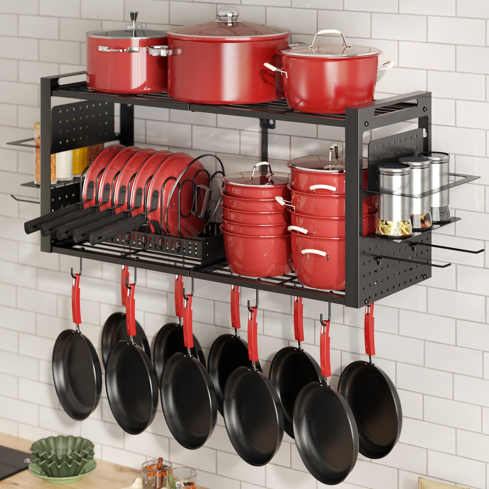 Misopily  41 Inch Wall Mounted Pot Rack 3 in 1 Organizer with 2 Tier Spice Rack Internal Pan Holder 20 S Hooks Holds Cookware Utensils Plates Black 1 Piece