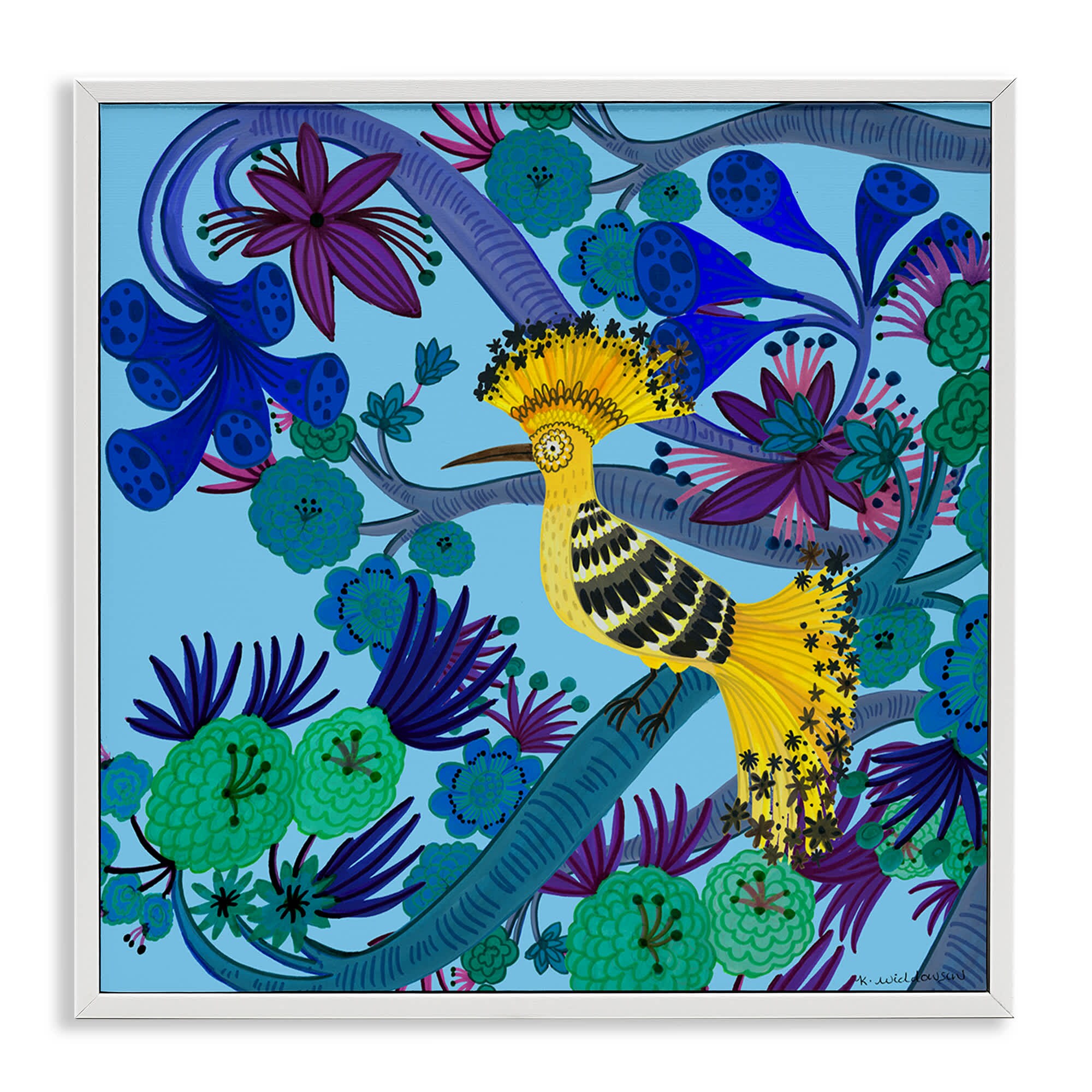 Stupell Industries BS-612-WFR-12X12 Whimsical Yellow Bird and Flowers White Framed Giclee Art By Kay Widdowson 12 x 12