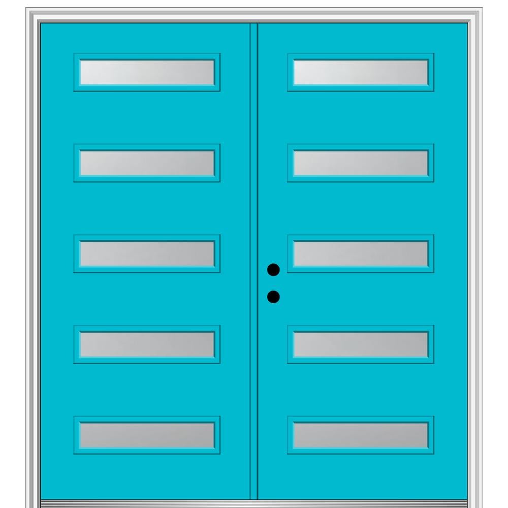 MMI DOOR ZZ350424R Spotlights 64-in x 80-in x 6-9/16-in Fiberglass Pulse lite Right-hand inswing Bahama Blue Painted Prehung Double Front Door with Brickmould Insulating core