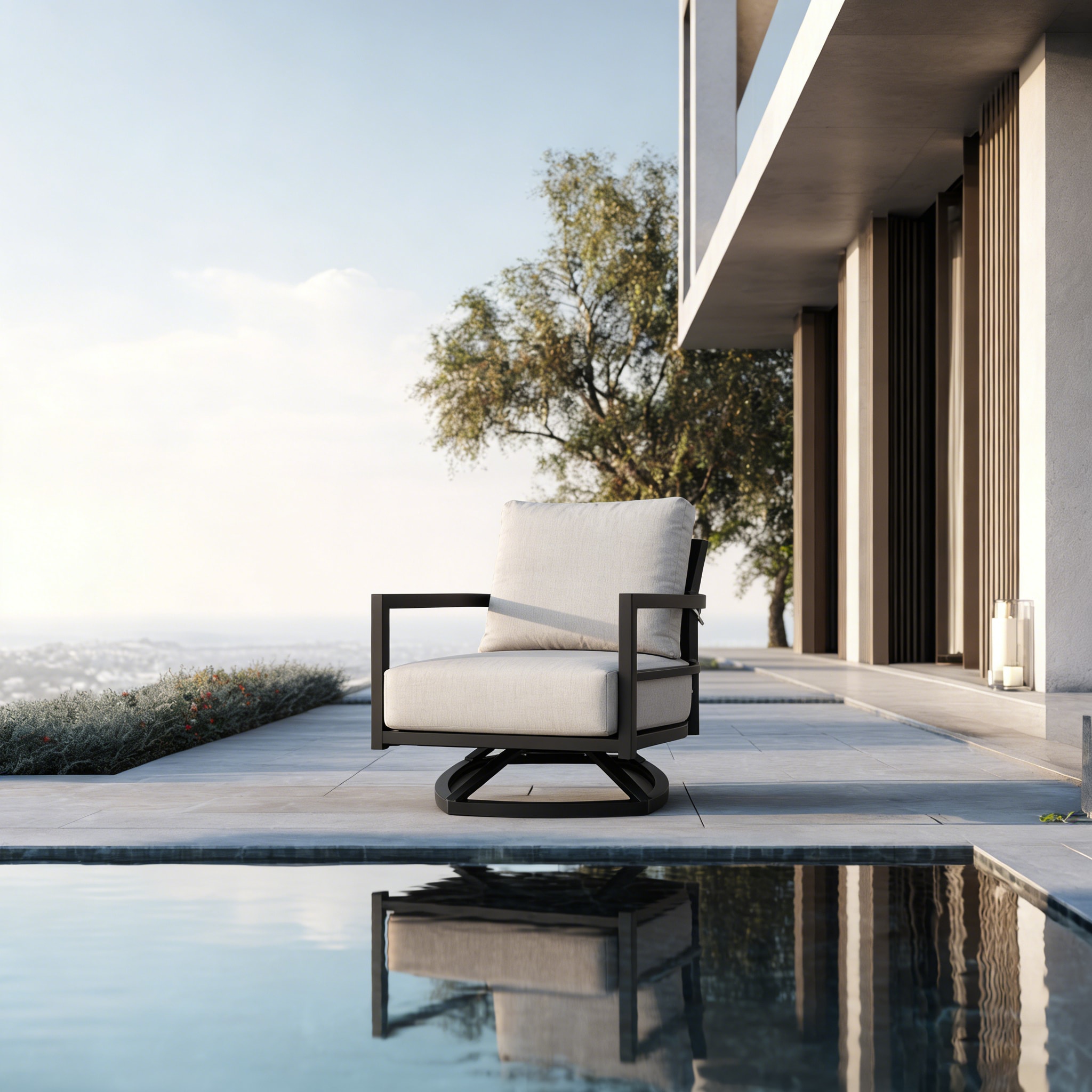 GDFStudio - Outdoor Modern Aluminum Swivel Lounge Chair with 360 Degree Swivel Boat Shaped Base S...