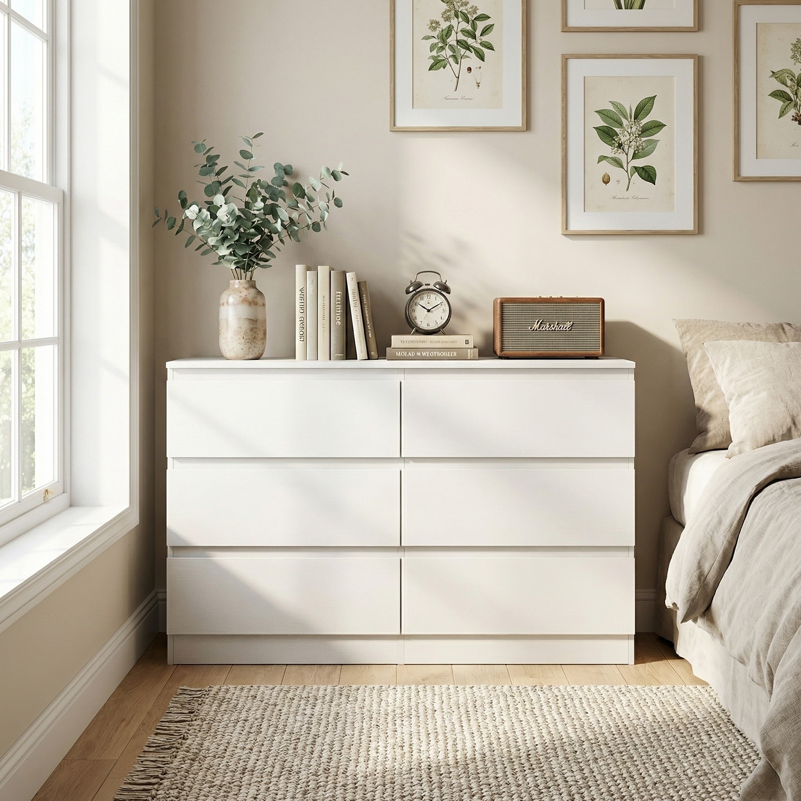 Horizons Prime 47 inch White MDF 6 Drawer Dresser with Spacious Countertop and Concealed Handles