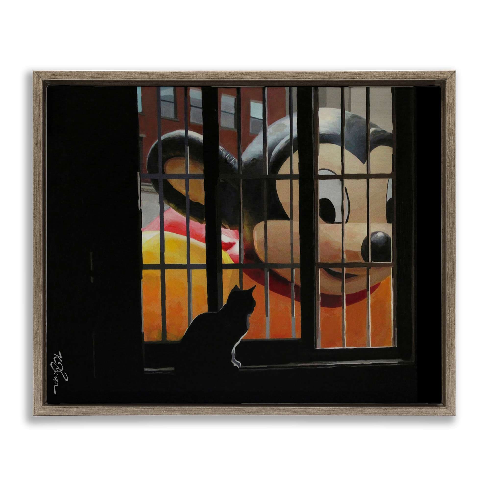 Stupell Industries BS-818-FFE-24X30 Mouse Character Peering at Cat Brown Framed Floater Canvas Wall Art By Keith Thomson 31 x 25