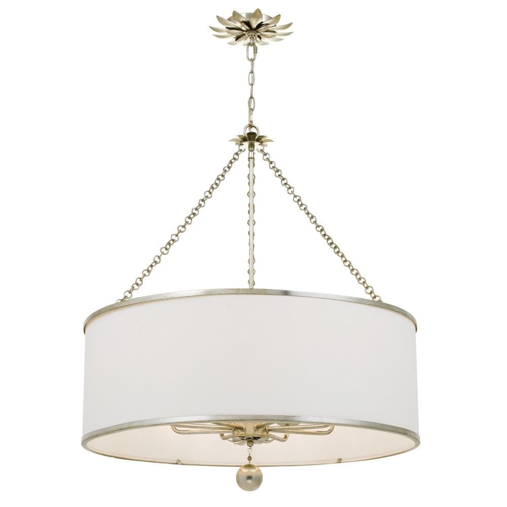 Antique Silver 8-Light Chandelier with White Silk Drum Shade