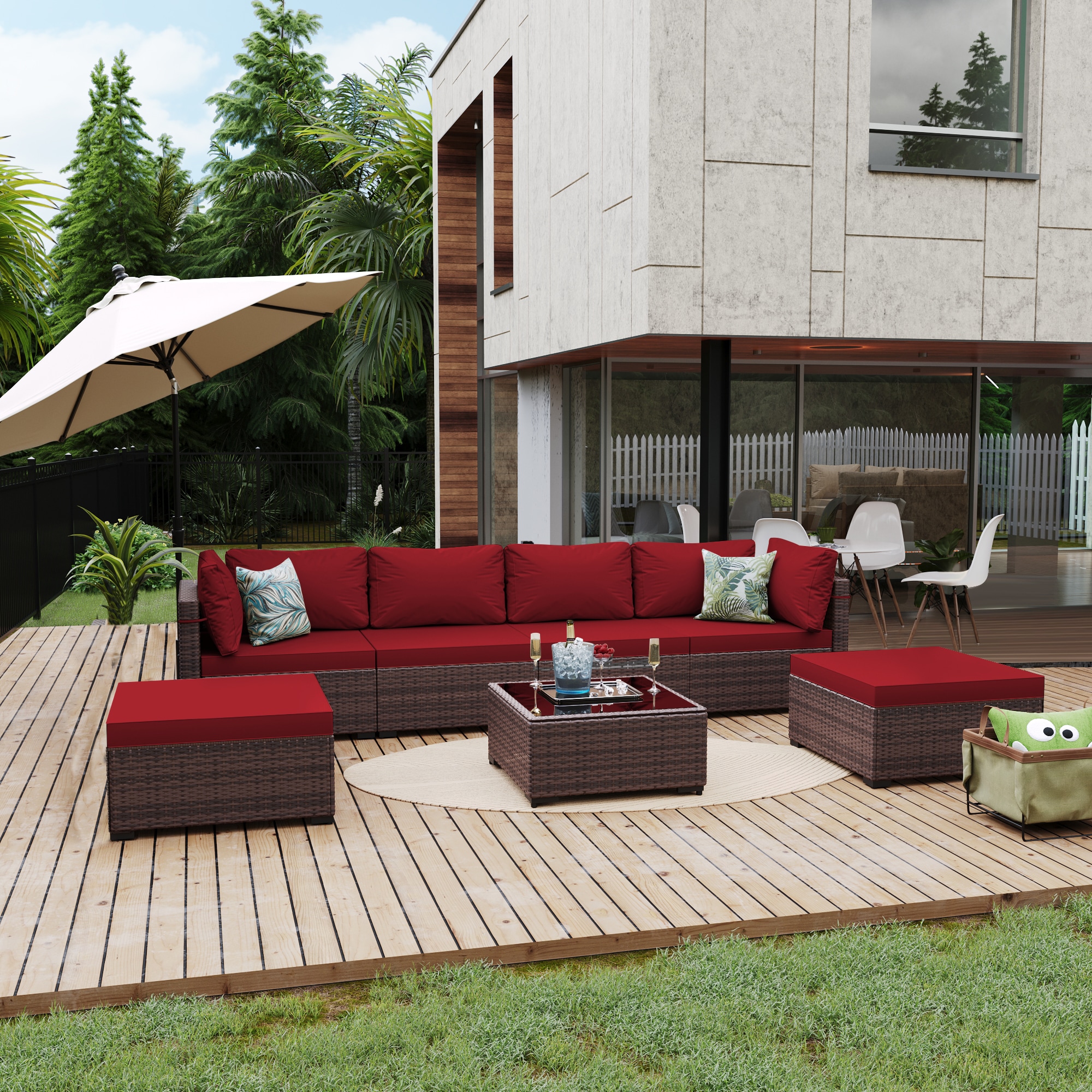 UPHA TBSF-ABD-RED 7 -Piece Rattan Patio Sofa Conversation Set with Red Cushions