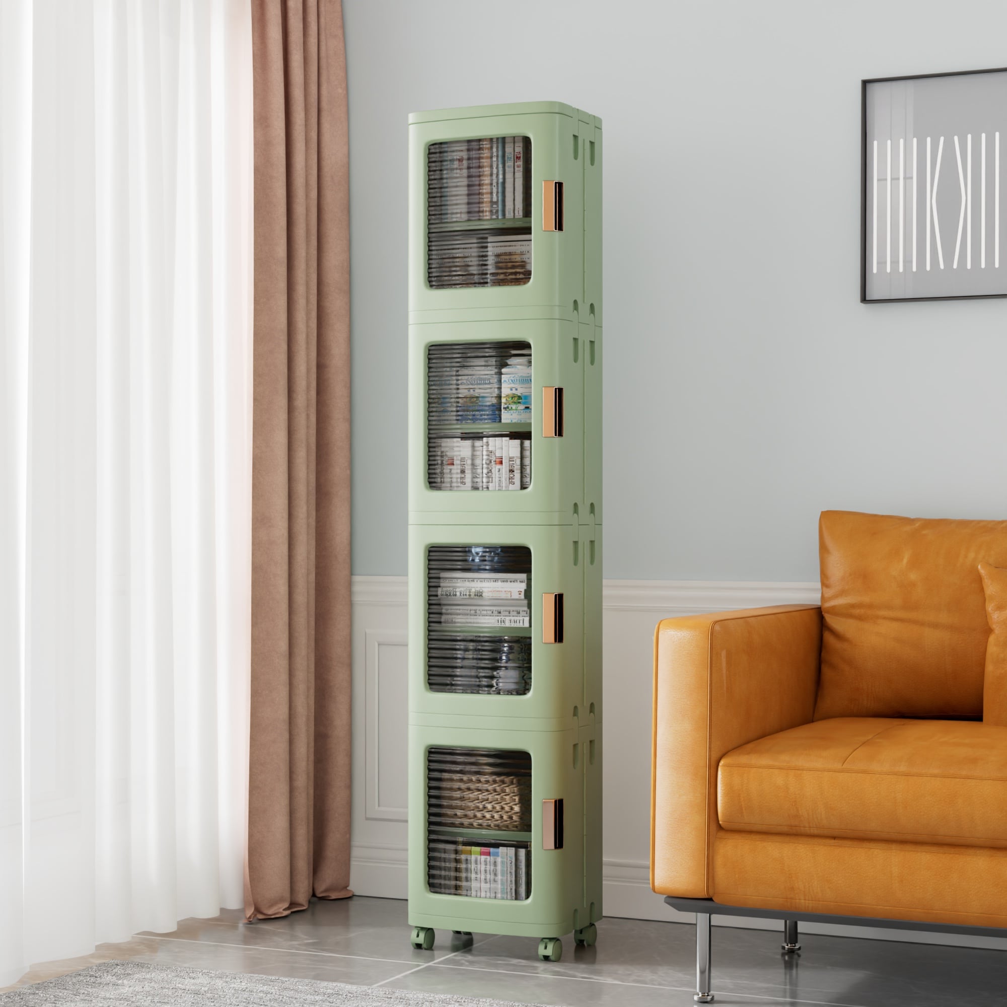 Vecelo Slim Freestanding Storage Cabinet 4 Tier Stackable Organizer Adjustable Shelves With Movable Wheels for Bathroom Kitchen Laundry Room Light Green