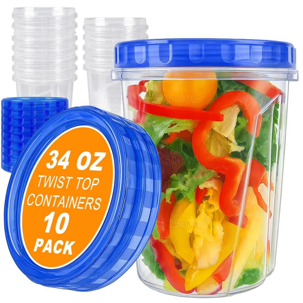 Aoibox  10 Pack 34oz Reusable Plastic Freezer Food Storage Containers Twist Top Lids Airtight Meal Prep Microwave Safe Large Salad Soup Lunch