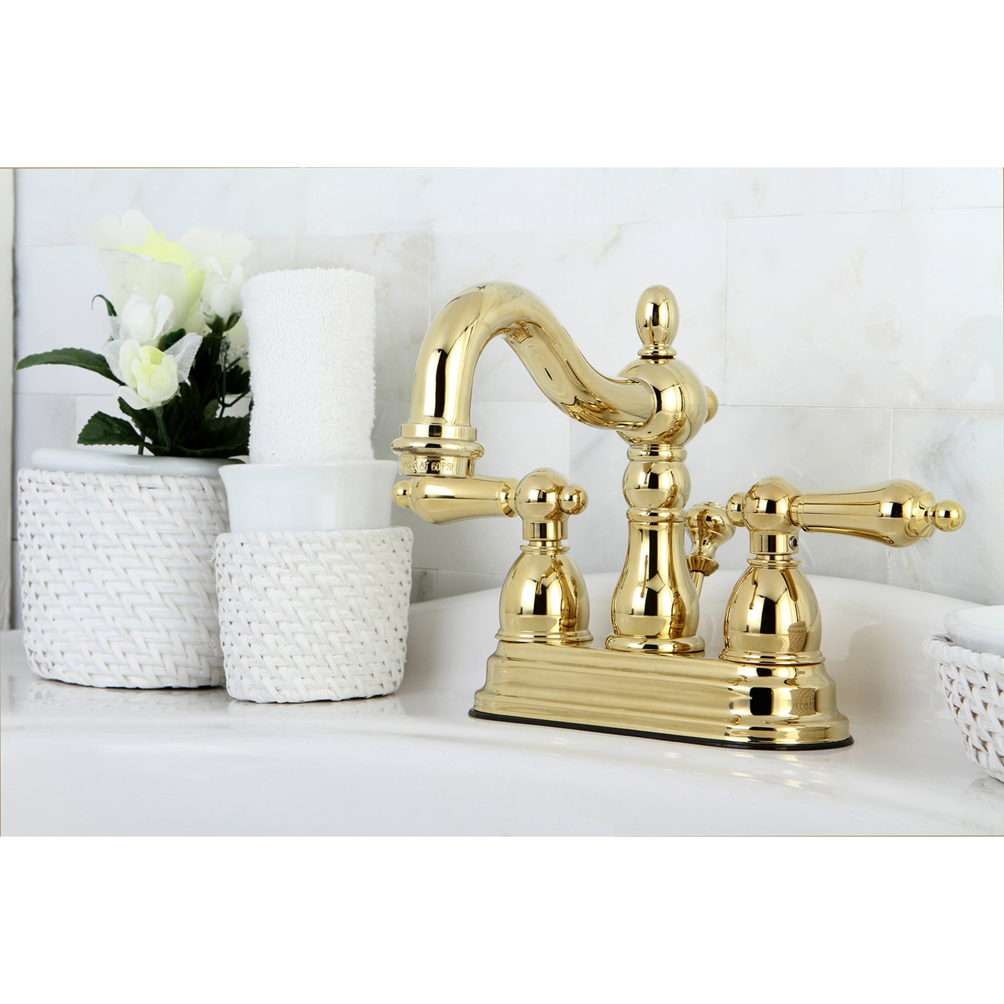 Elements of Design ES1602AL Polished brass 4-in centerset 2-handle Mid-arc Residential Handle Bathroom Sink Faucet with Drain