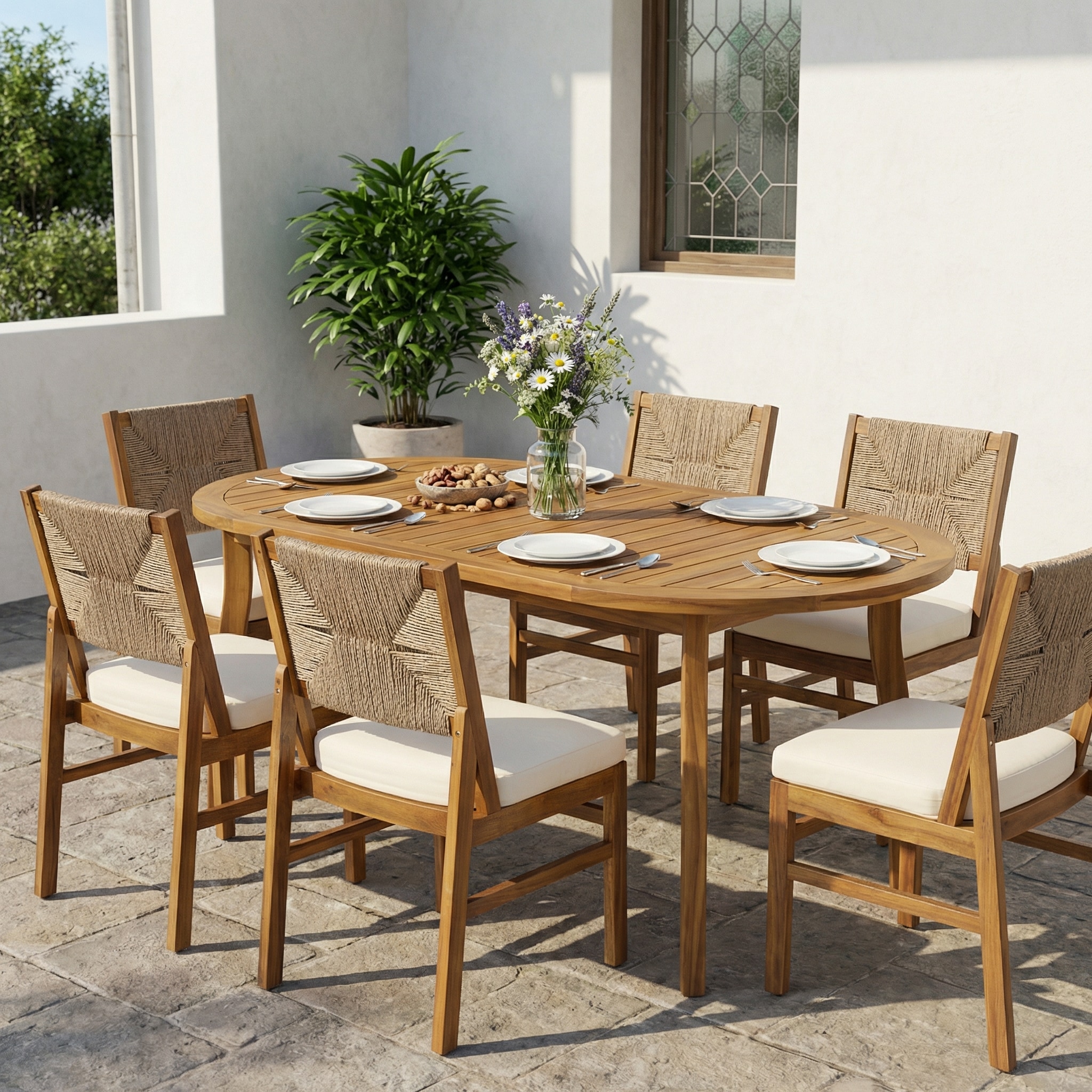 Christopher Knight Home - Arly 7-Piece Outdoor Acacia Wood Dining Set with Woven Wicker Chairs an...