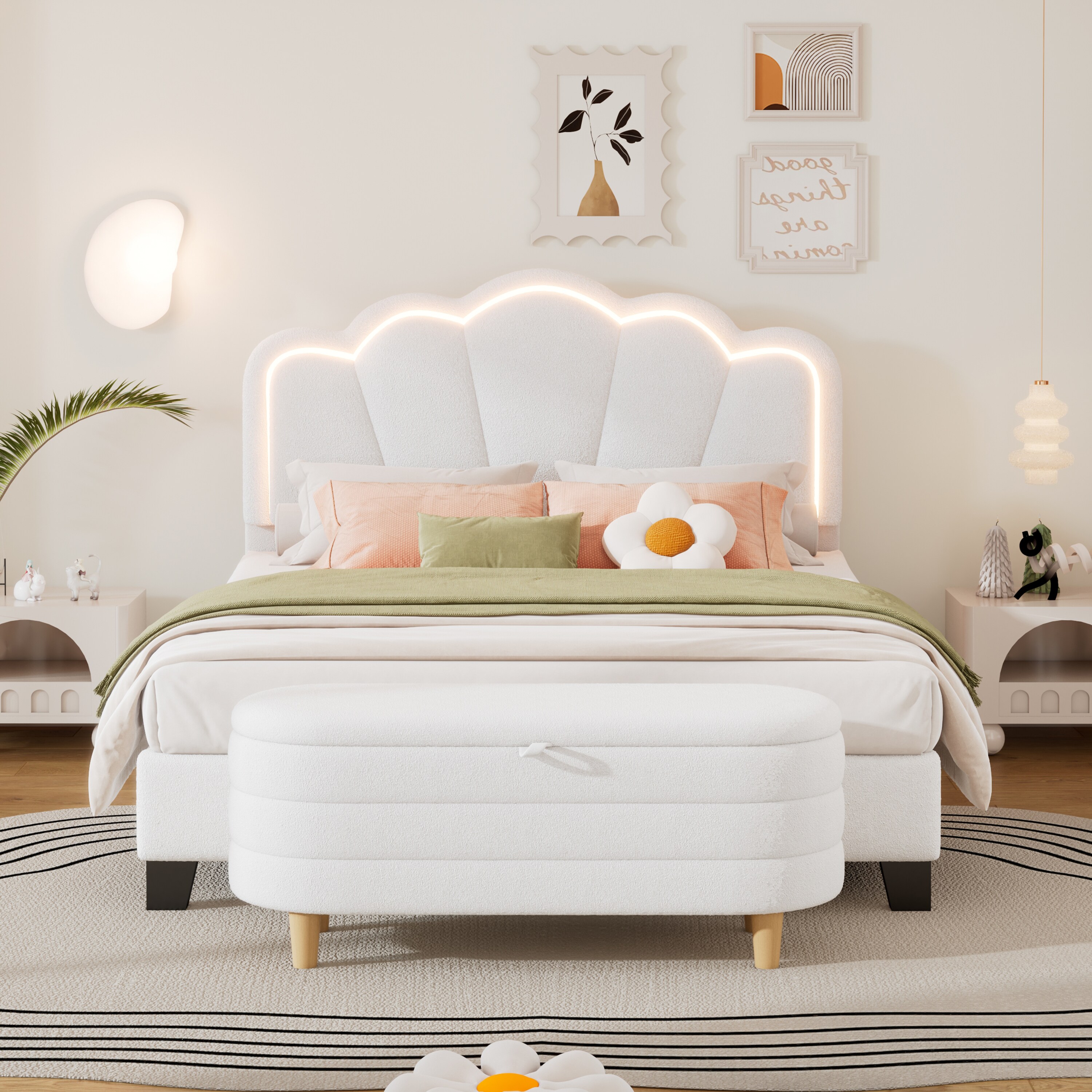 ModernLuxe N733S177308A 2Pieces Bedroom Sets Full Size FlowerShaped Upholstered LED Platform Bed with Storage OttomanSherpa FabricWhite