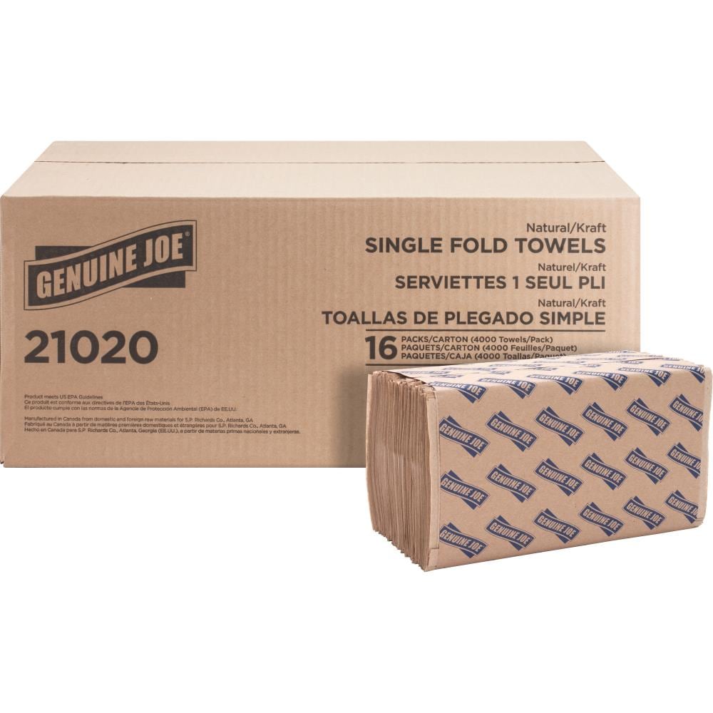 Commercial/Residential Single-Fold Value Paper Towels - 1 Ply - Natural - 250 Sheets/Pack - 4000/Carton - Brown - Recyclable | - Genuine Joe GJO21020