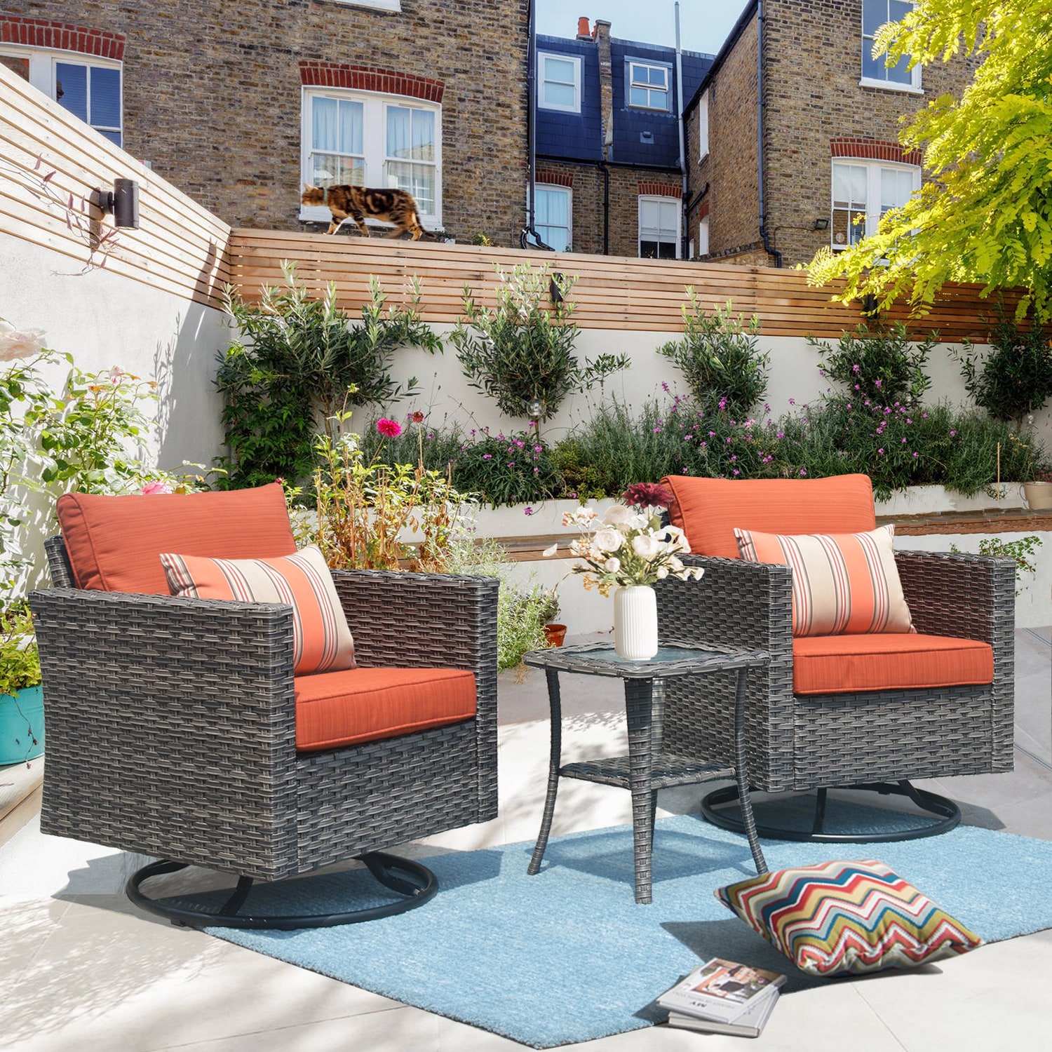 Pouuin SYZGRS803 3 -Piece Wicker Patio Conversation Set with Red Cushions