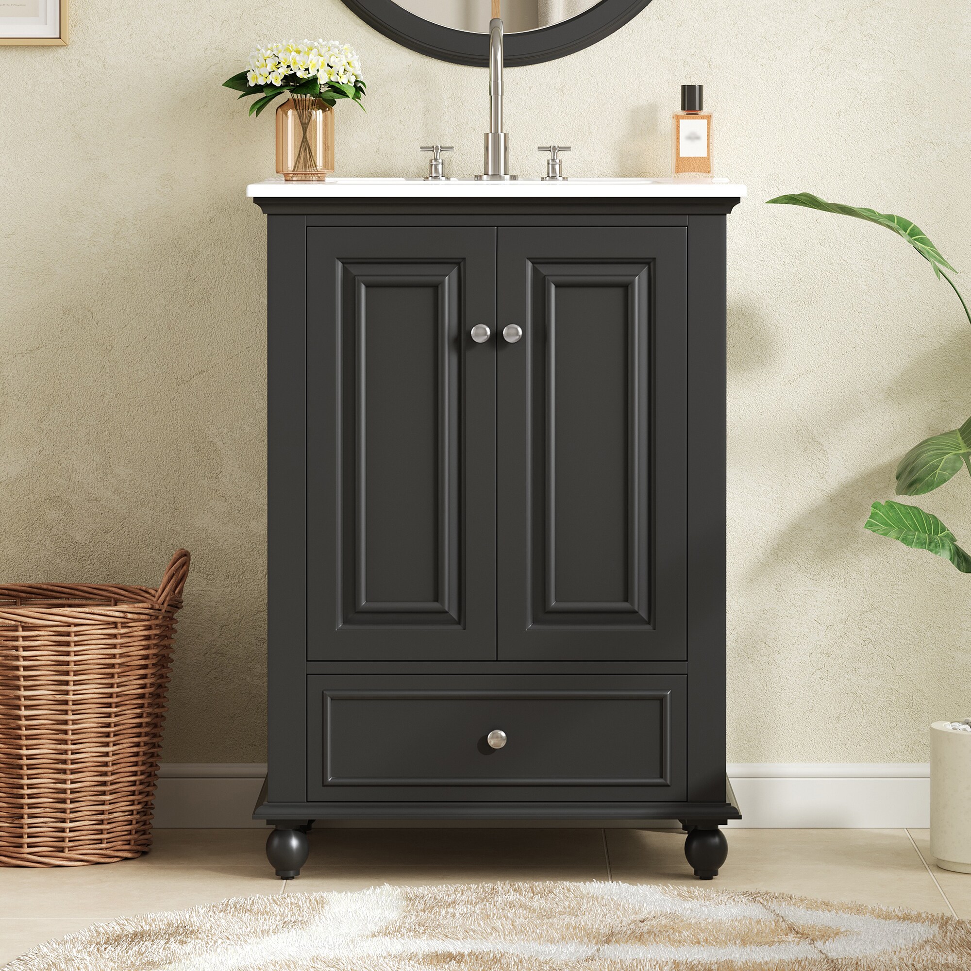 PexFix 24-in W Freestanding Bathroom Vanity with Ceramic Sink Storage Cabinet with Soft-Close Doors Drawer