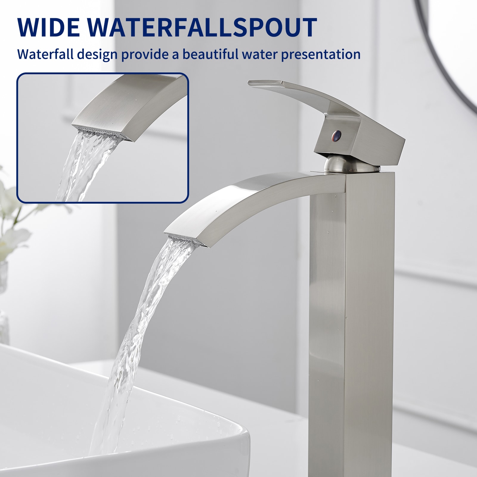 Brushed Nickel Waterfall Vessel Sink Faucet with Pop-Up Drain