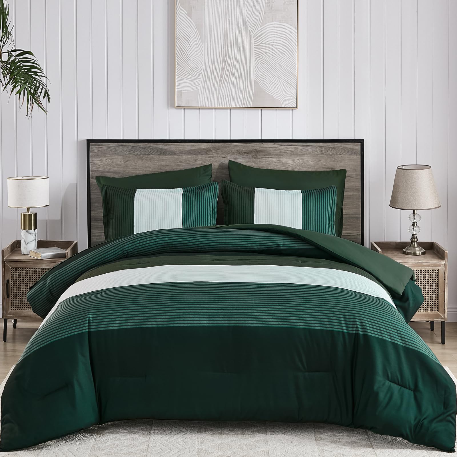 OMOMMD Dark Green King 7 Piece Striped All Season Microfiber Bed In A Bag Bedding Set #5749848218189