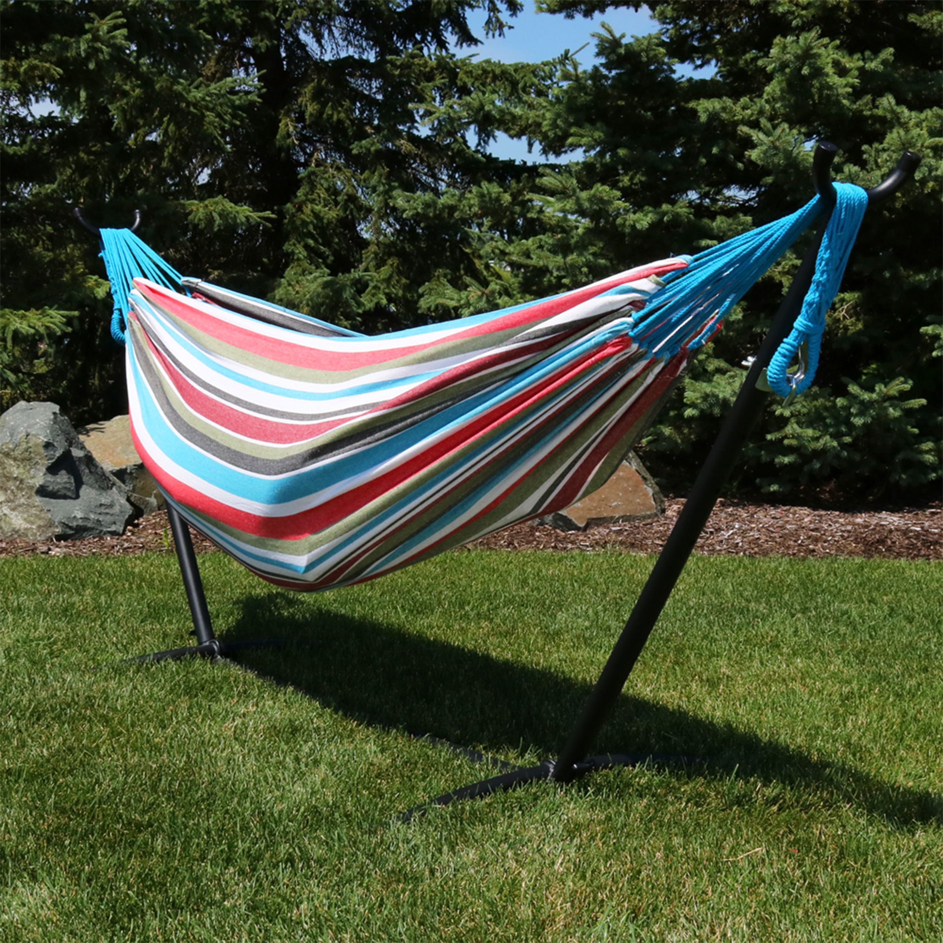 Sunnydaze Decor DB COMBO-COOL BREEZE Sunnydaze Brazilian Double Hammock with Stand Cool Breeze Fabric Hammock with Stand