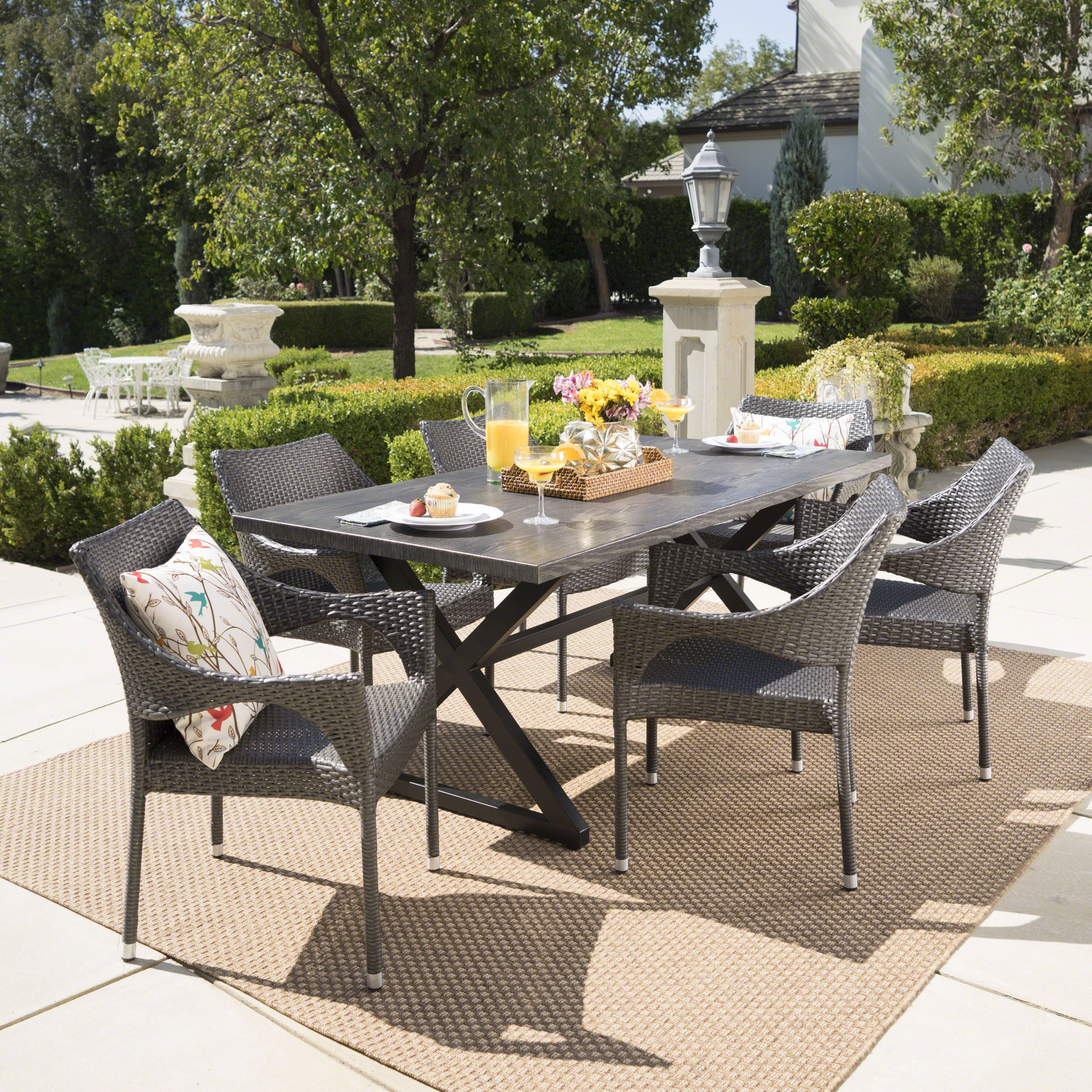 Christopher Knight Home 302505 Grayson Outdoor 7 Piece Grey Wicker Dining Set with Rectangular Grey Aluminum Table