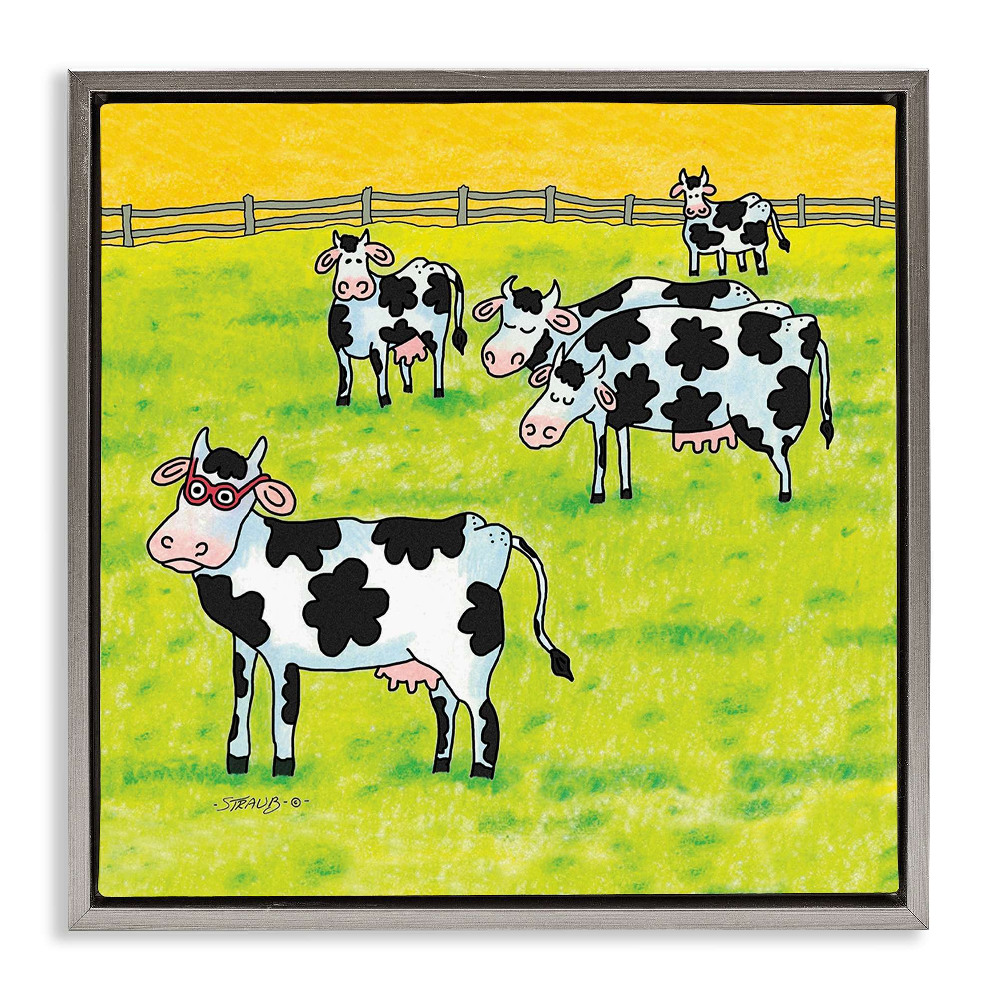 Stupell Industries BT-025-FFL-24X24 Funny Cow Herd with Specs Gray Framed Floater Canvas Wall Art By Roger Straub 25 x 25