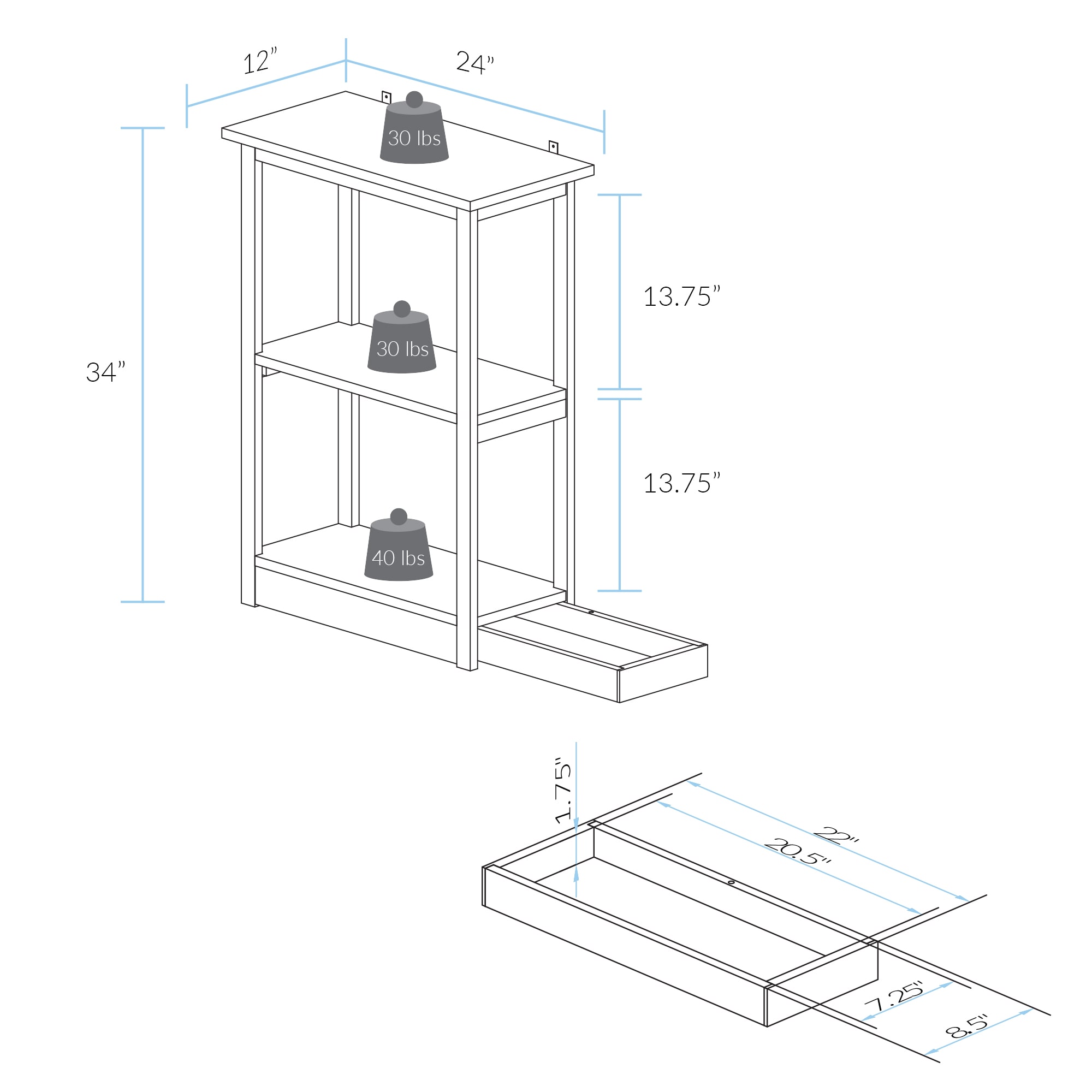 Adams White Solid Pine 3-Shelf Bookcase with Concealed Drawer