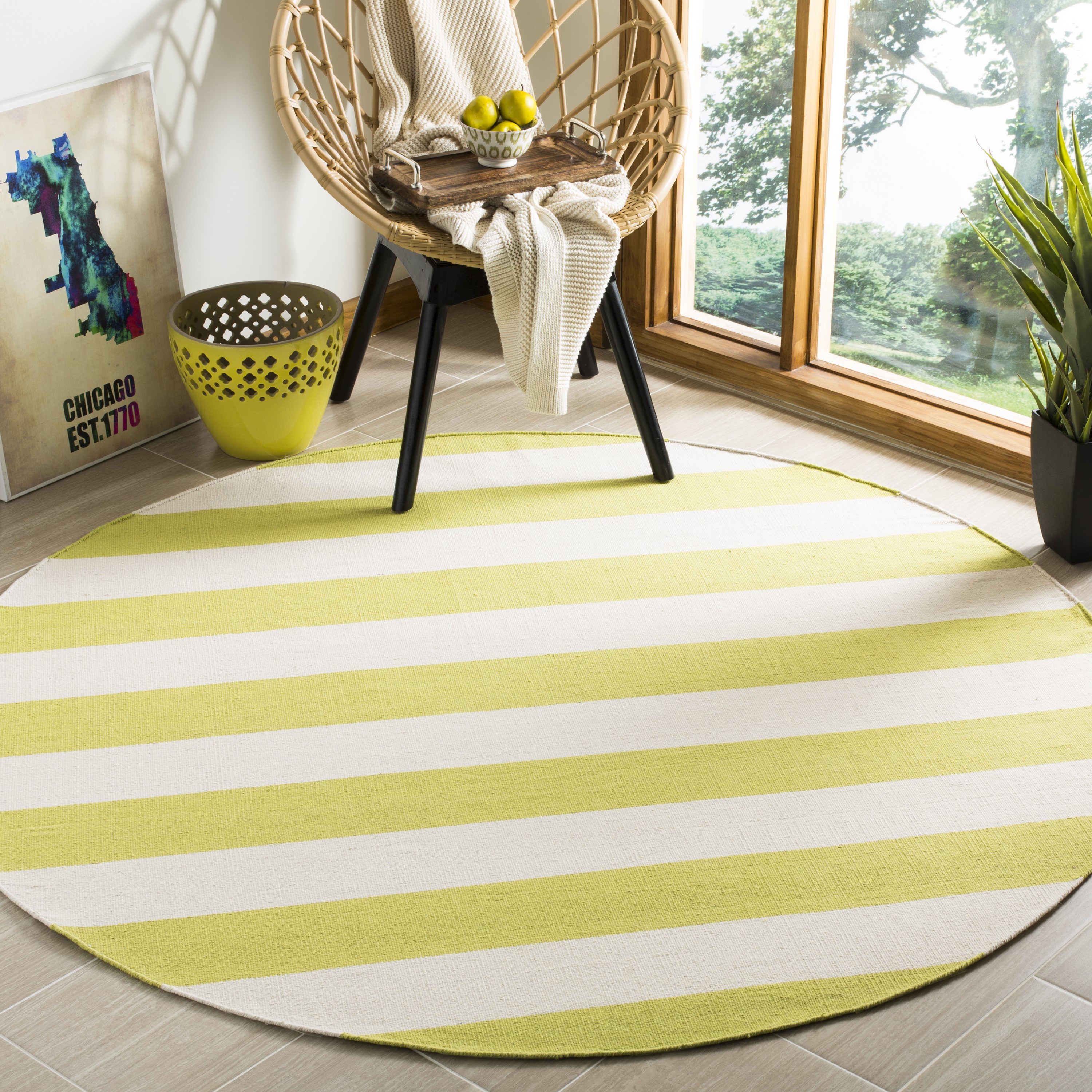 Safavieh MTK712E-6R Montauk Maslin 6 x 6 (ft) Cotton Green/Ivory Round Indoor Stripe Coastal Area rug