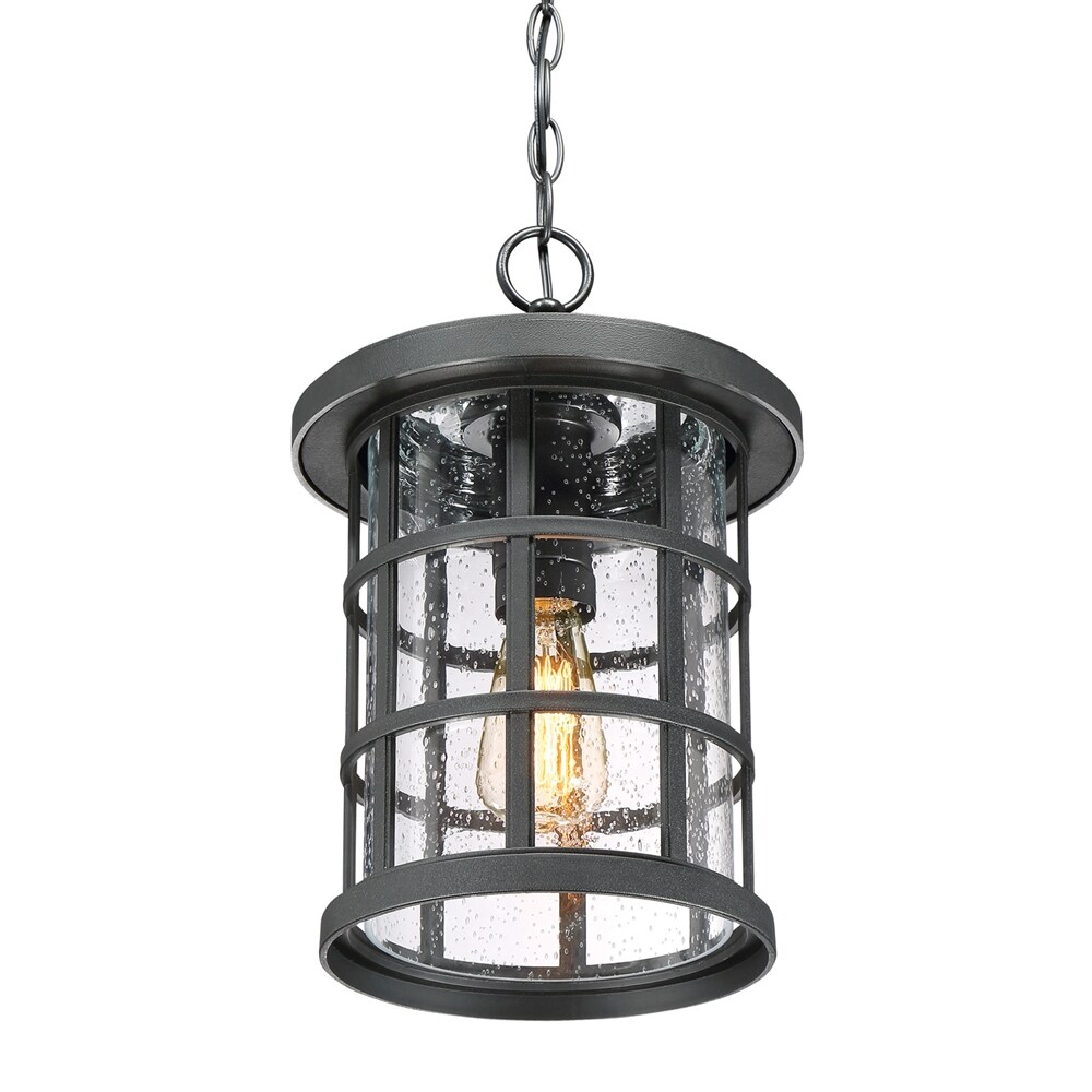 Quoizel Crusade Earth Black Transitional Seeded Glass Lantern Mini Outdoor Hanging Pendant Light