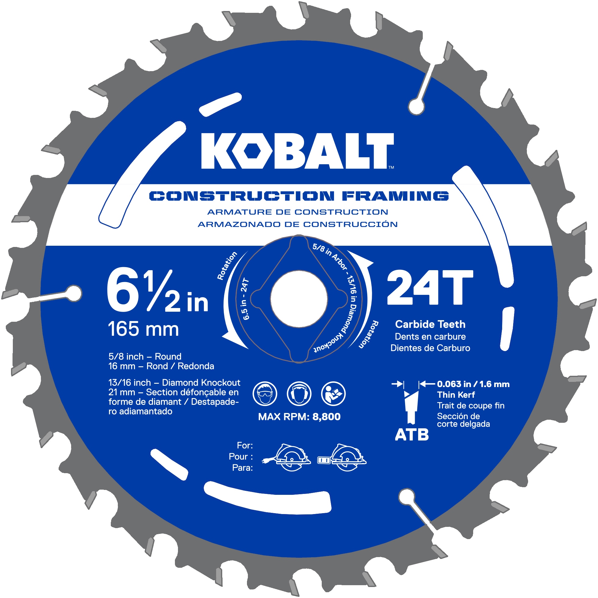6-1/2-in 24-Tooth Rough Finish Tungsten Carbide-tipped Steel Circular Saw Blade | - Kobalt KCSB 16-03