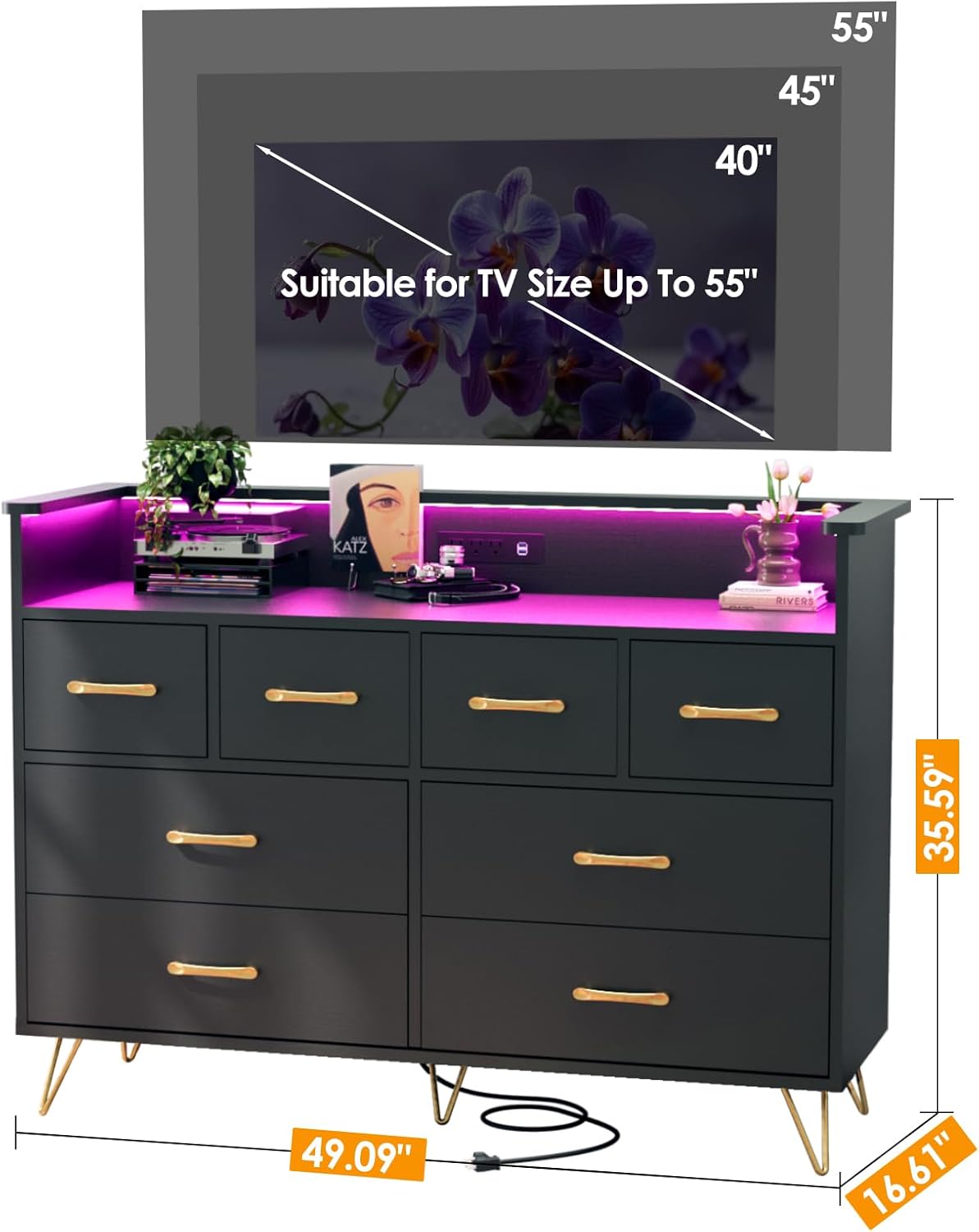 WhizMax LDYLSPHO-339W6CGW Tall 8 Drawer Wooden Dresser With Charging Station And Music Sync Rgb Led Lights Modern Closet Organizer App Controlled Voice Command Scratch Resistant Finish Stylish Metal Handles Black