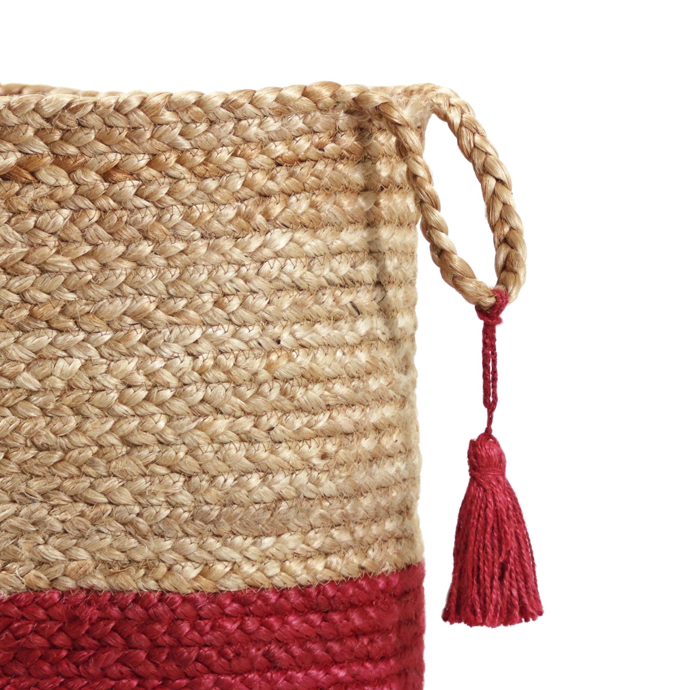 Handwoven Round Tan and Red Jute Storage Basket with Handles