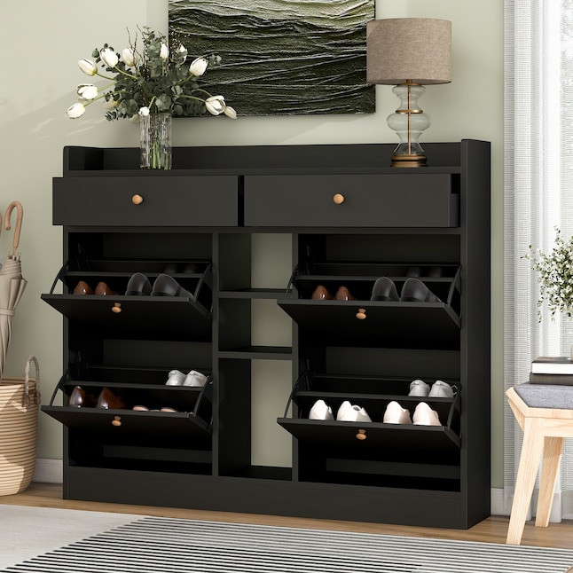 ModernLuxe Black MDF Shoe Cabinet with 3 Tiers and Hidden Flip Down Drawer  - Modern Minimalist Shoe Storage for 20 Pairs in the Shoe Storage  department at