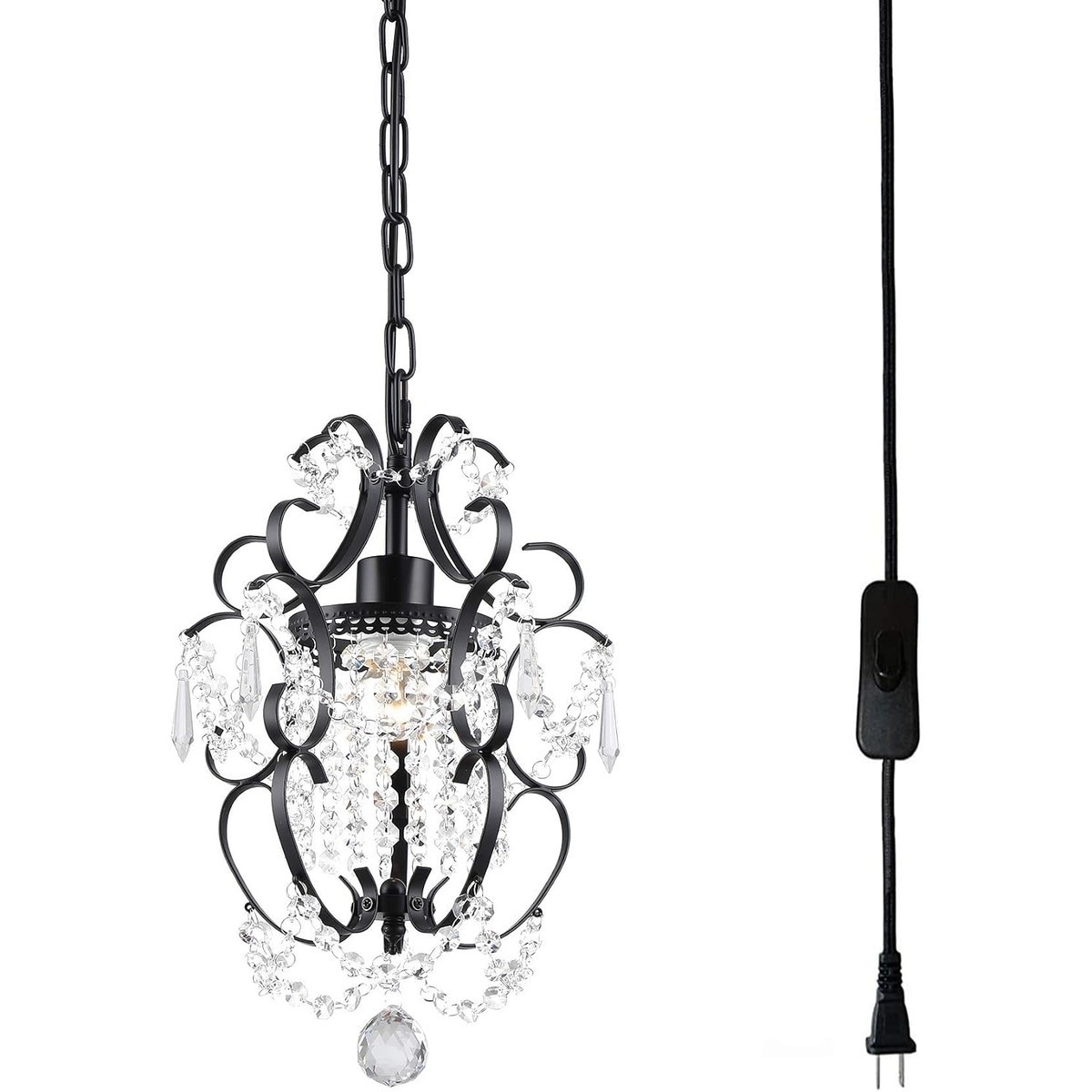 Pacrigo  Plug in Mini Crystal Chandelier with 14.27 Ft Cord and On/Off Switch 11 in Wide Black for Bedroom Living Room