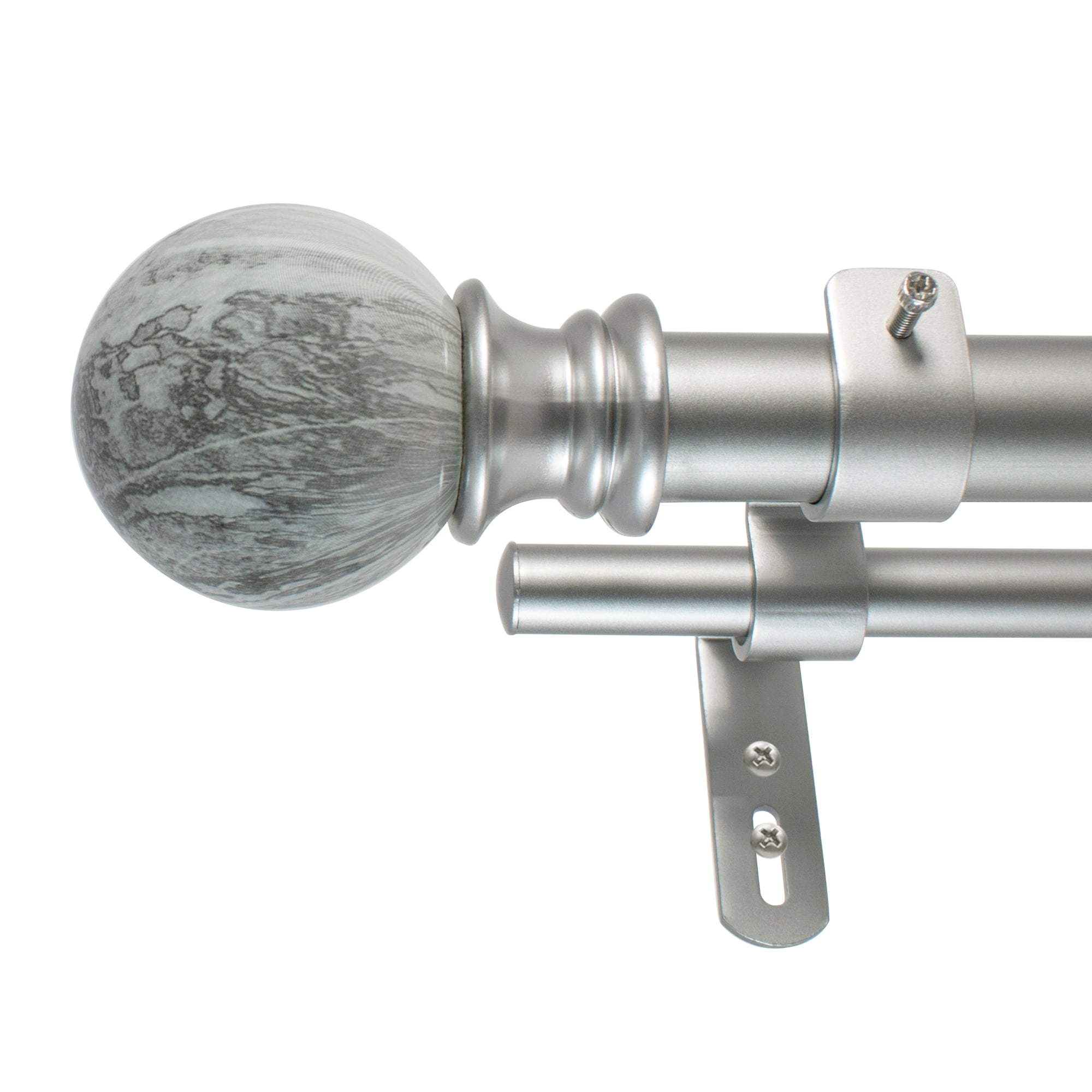 Adjustable Antique Silver Double Curtain Rod Set with Grey Marble Finials