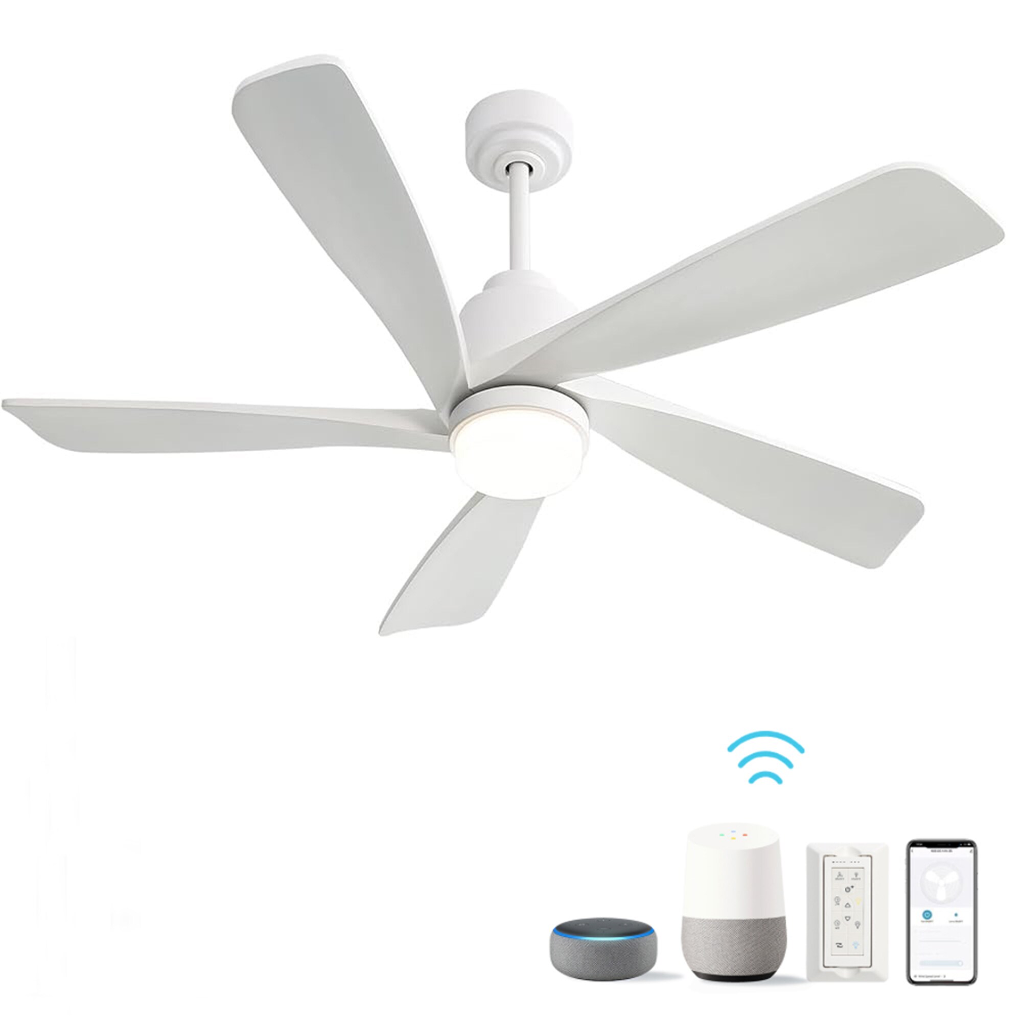 Bybafun YA3200011 52-in Color-Changing Integrated LED Outdoor Smart White with Wood Blades Ceiling Fan With Light and Remote ( 5 -Blade )