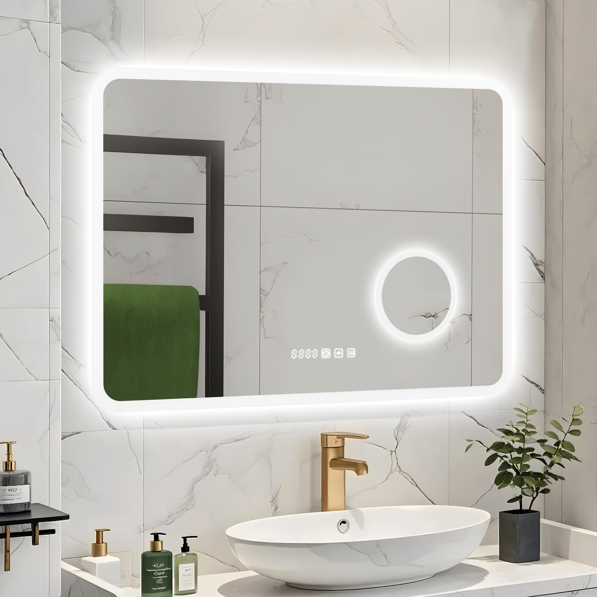 JEAREY JE-EDXJS-10FT-YE bathroom mirrors 32-in x 24-in Beveled Rectangle LED Lighted Fog Free Bathroom Vanity Mirror ( White )