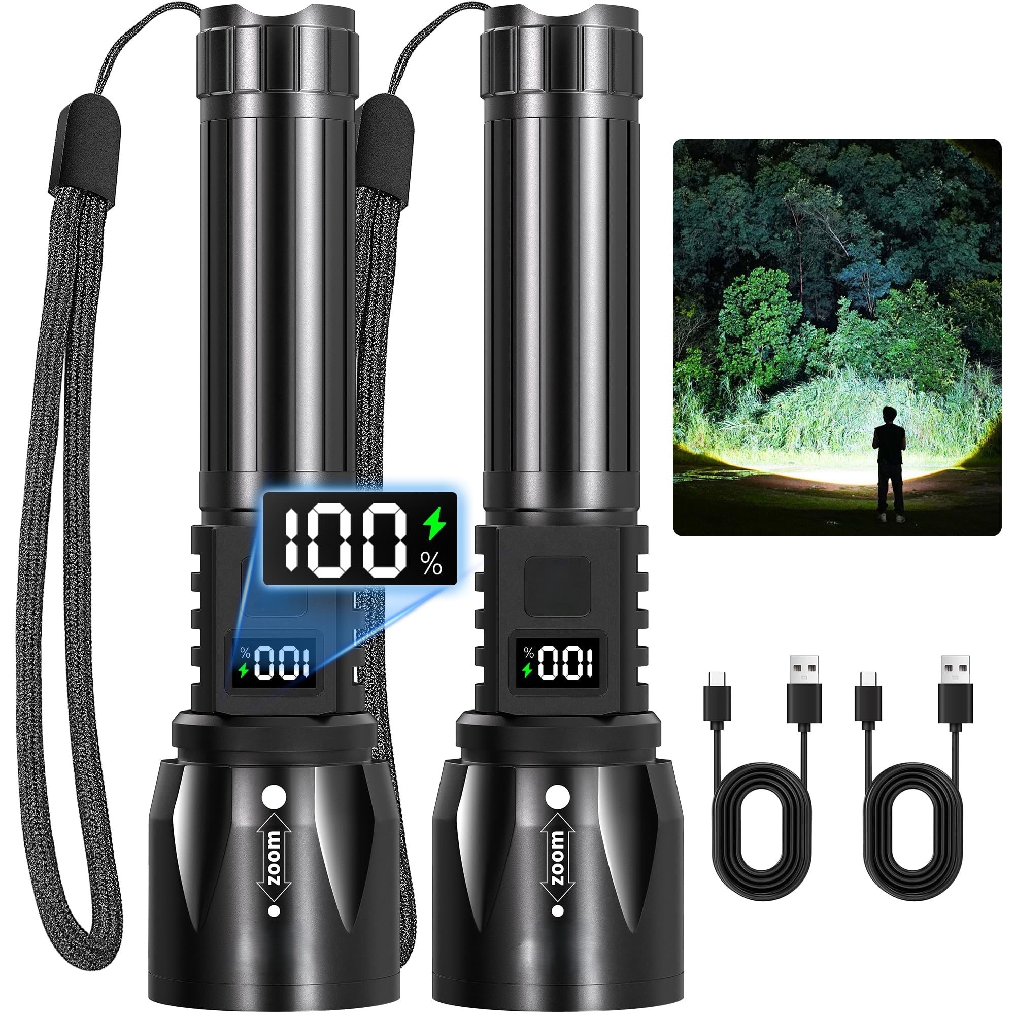 Vrbgify  2 Pack Rechargeable High Lumens LED Flashlight with LCD Digital Power Display 5 Modes Adjustable Tactical Handheld Light USB C Waterproof
