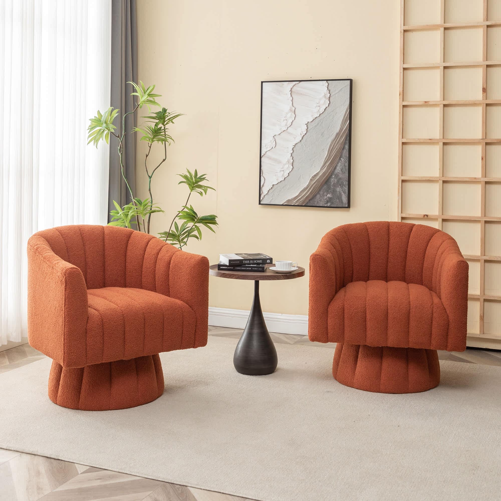 SEYNAR FJ570-ORANGE-S2 Modern Glam Teddy Fabric Upholstered Round Swivel Accent Barrel Chair Set of 2