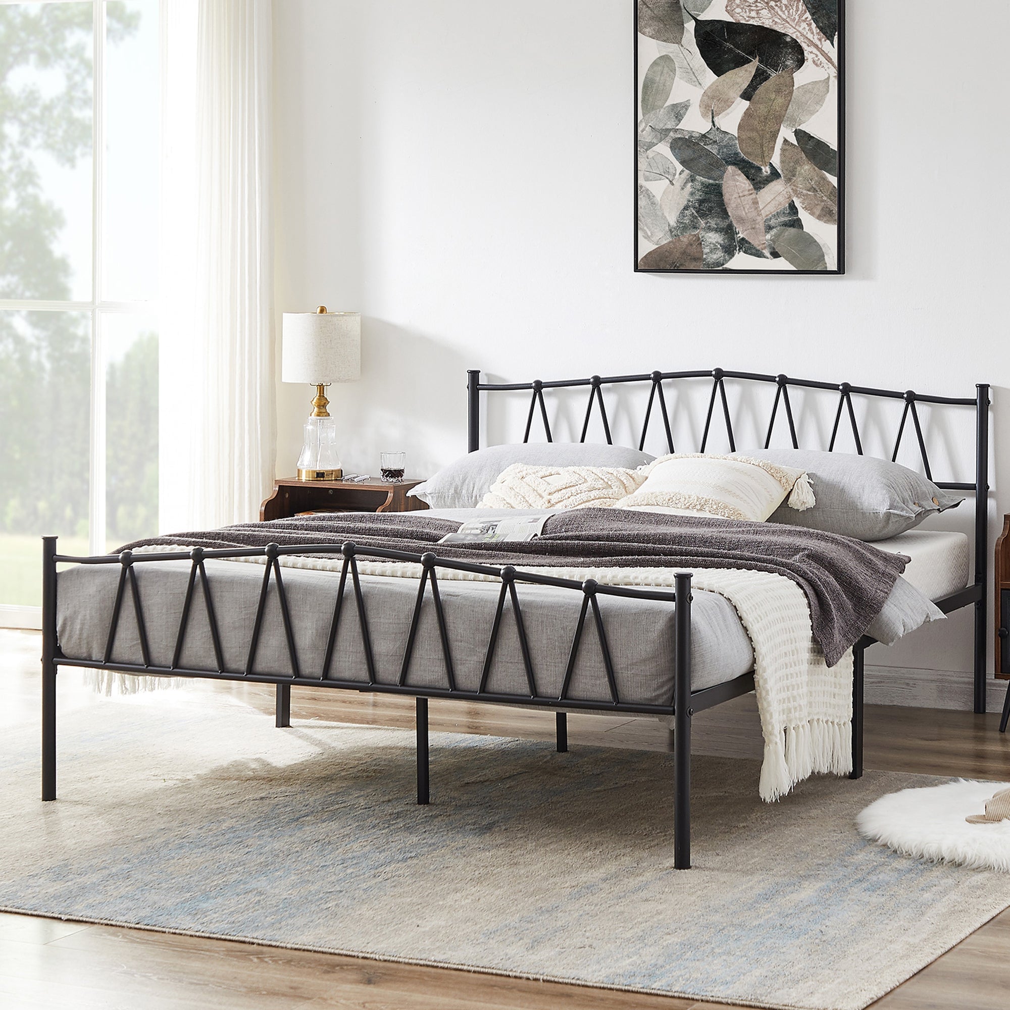 Vecelo LOE-RB-Q31 Queen Metal Platform Bed Frame with Headboard Footboard Storage Space Under Bed Frames Easy Assembly
