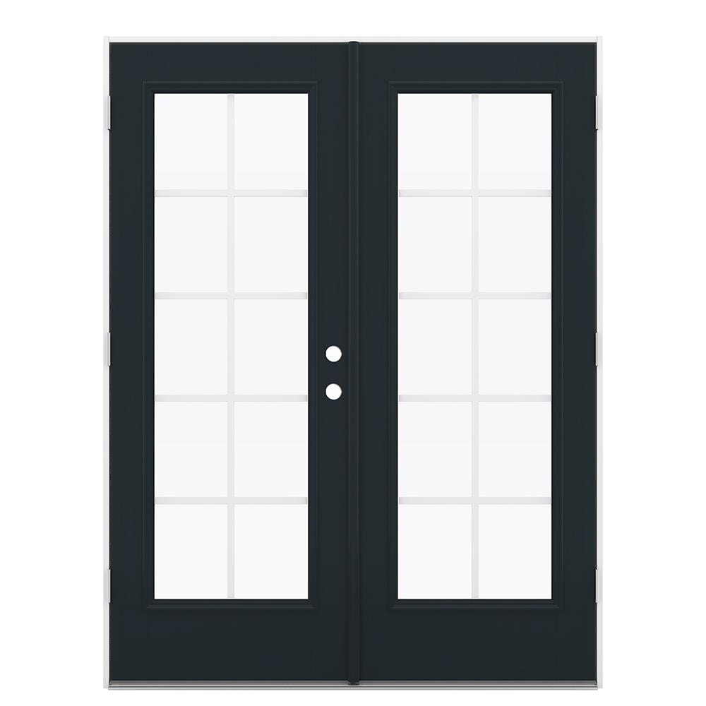 JELD-WEN LOWOLJW235000106 F-3500 60-in x 80-in x 4-9/16-in Jamb Low-E Grilles between the glass , Black Fiberglass Right-hand outswing French Double Patio Door