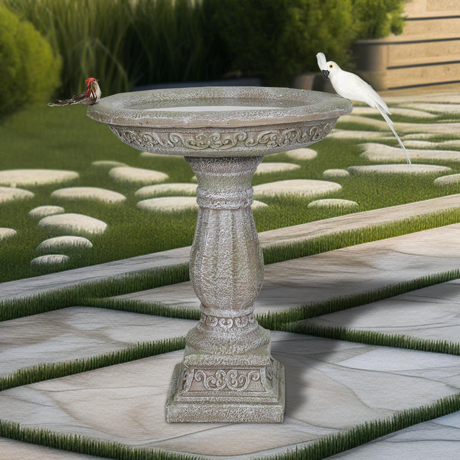 SunJet -  23 Inch High Concrete Bird Bath with Carved Pedestal Birdbath Sturdy Elegant Design Sto...