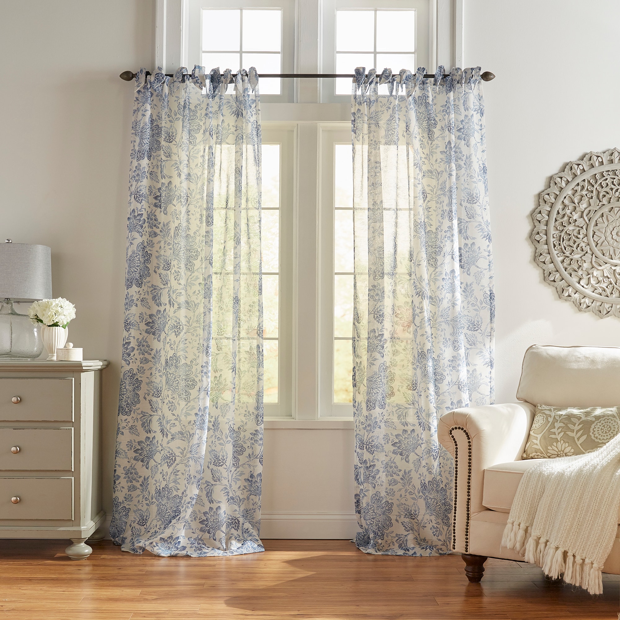 Elrene Home Fashions 739550333664 84-in Indigo Floral Sheer Tie top Single curtain panel