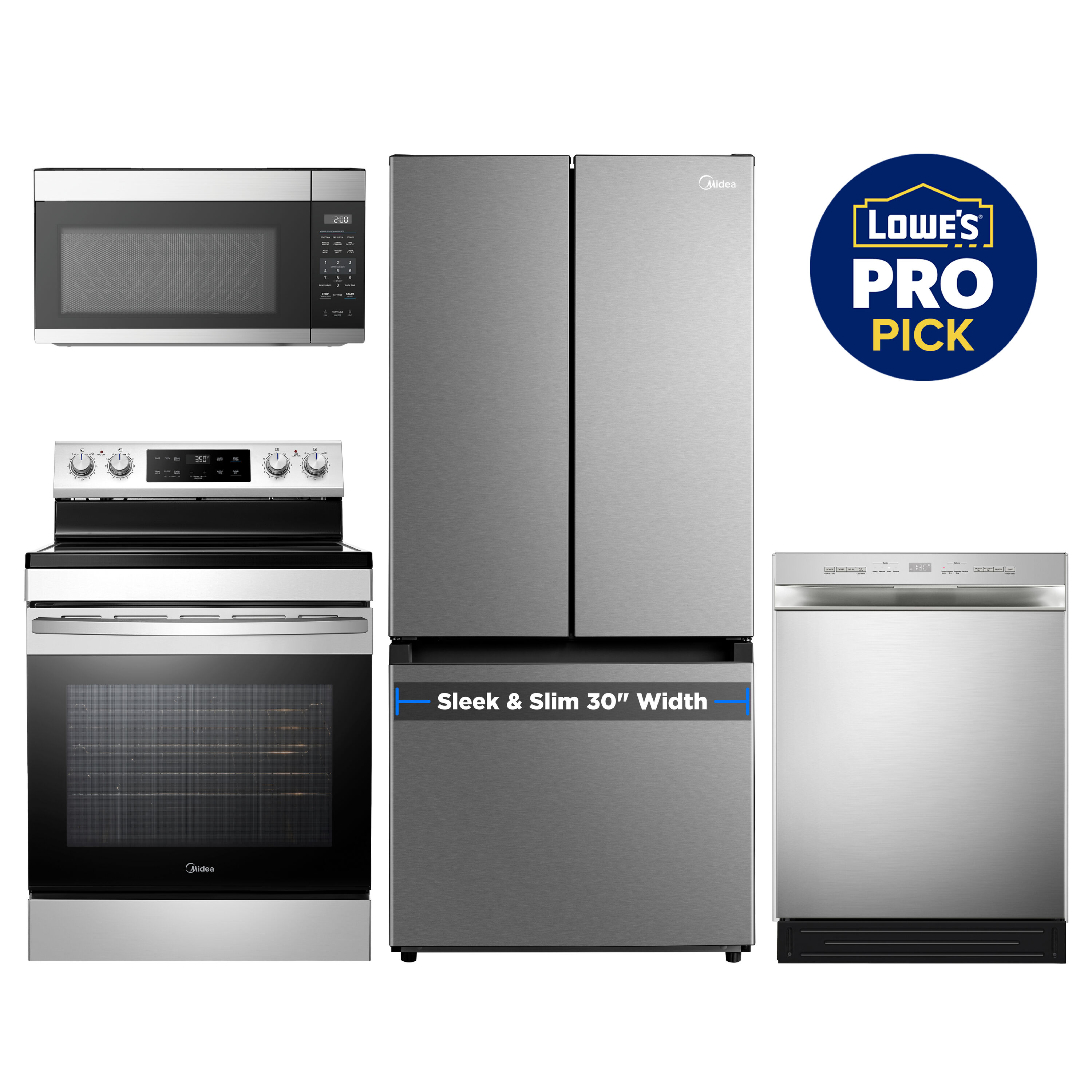 Pro-Approved: Stainless Steel Kitchen Suite (Includes a French Door Refrigerator, Freestanding Electric Range, Built-In Dishwasher, and Over-the-Range Microwave)